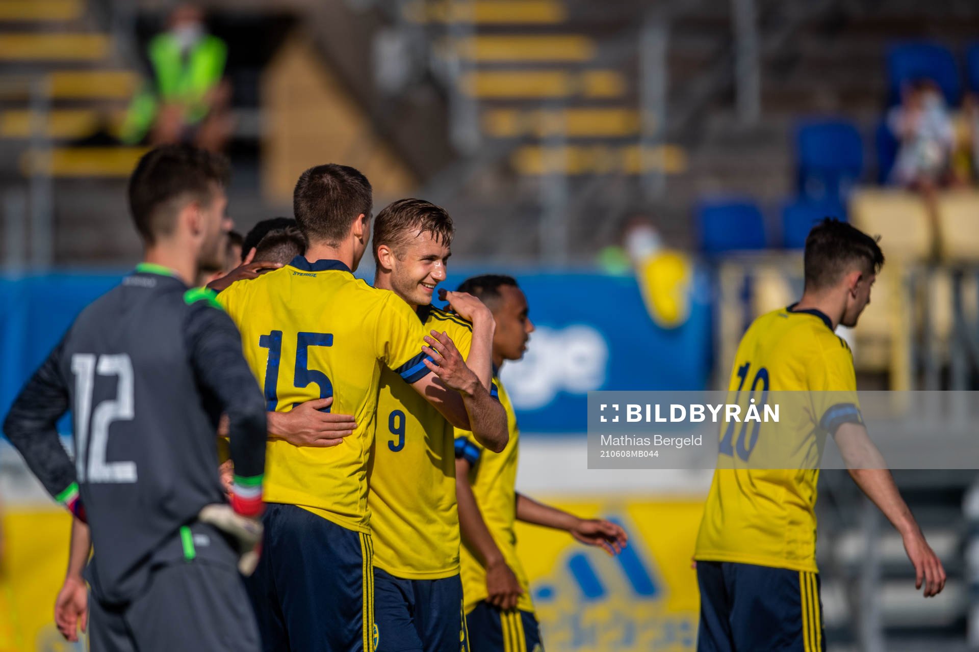 Emil Holm and Aiham Ousou of Sweden celebrates 4-0 during the UEFA European Under-21 Qualifier football match between Sweden and Luxembourg on June 8, 2021 in Falkenberg.