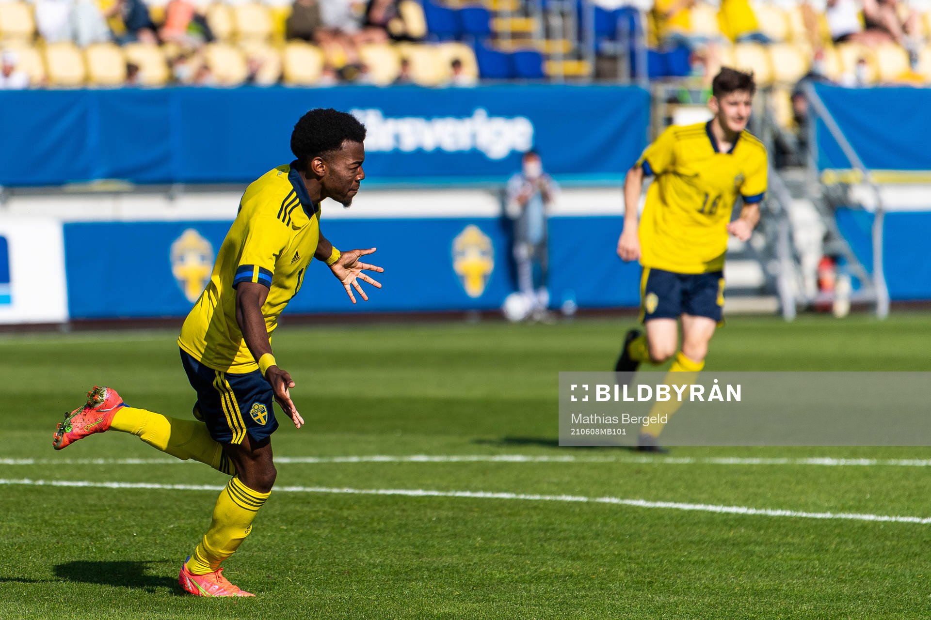 Anthony Elanga of Sweden celebrates after scoring 3-0 during the UEFA European Under-21 Qualifier football match between Sweden and Luxembourg on June 8, 2021 in Falkenberg.