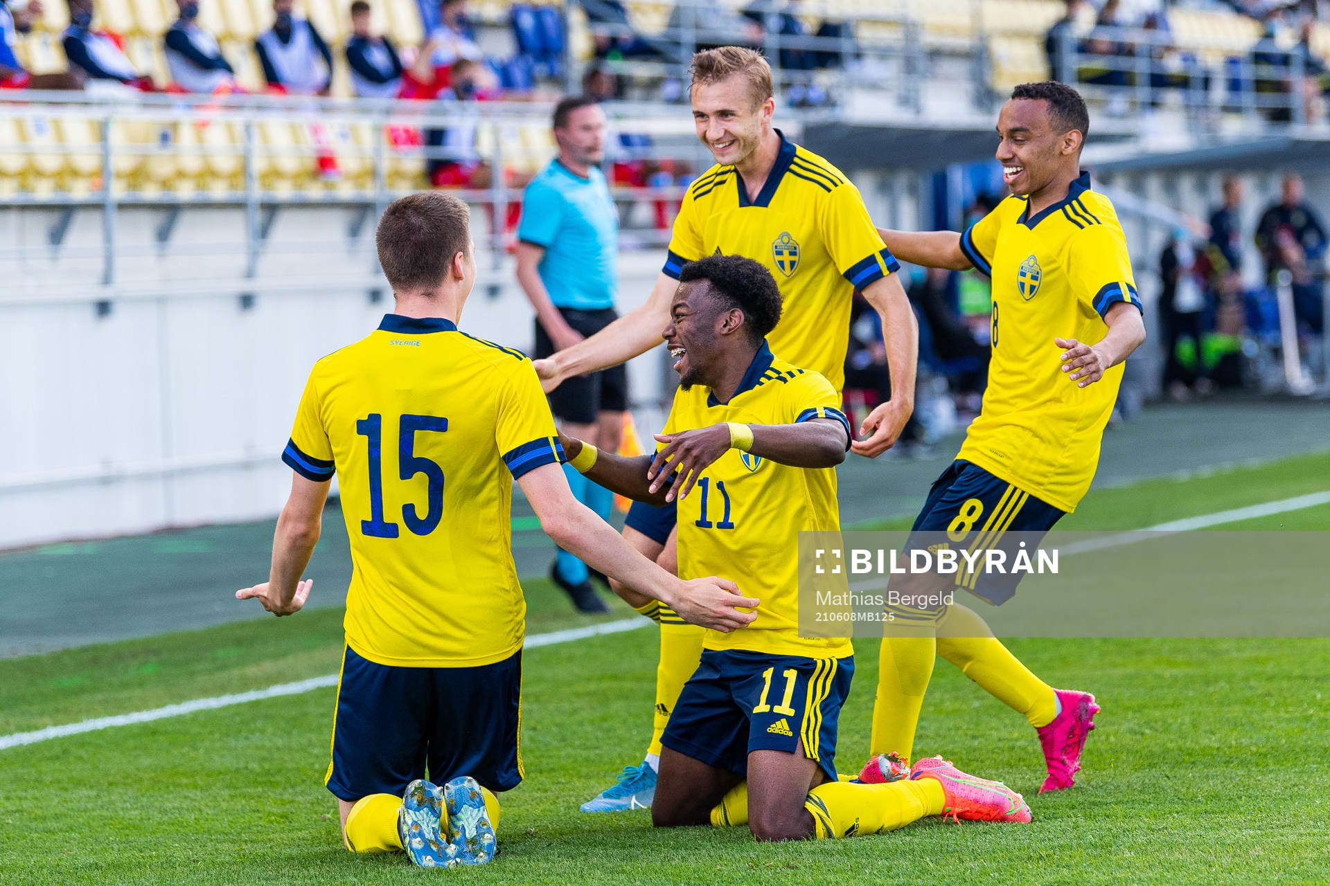 Emil Holm celebrates with Anthony Elanga, Benjamin Nygren and Bilal Hussein of Sweden after scoring 1-0 during the UEFA European Under-21 Qualifier football match between Sweden and Luxembourg on June 8, 2021 in Falkenberg.