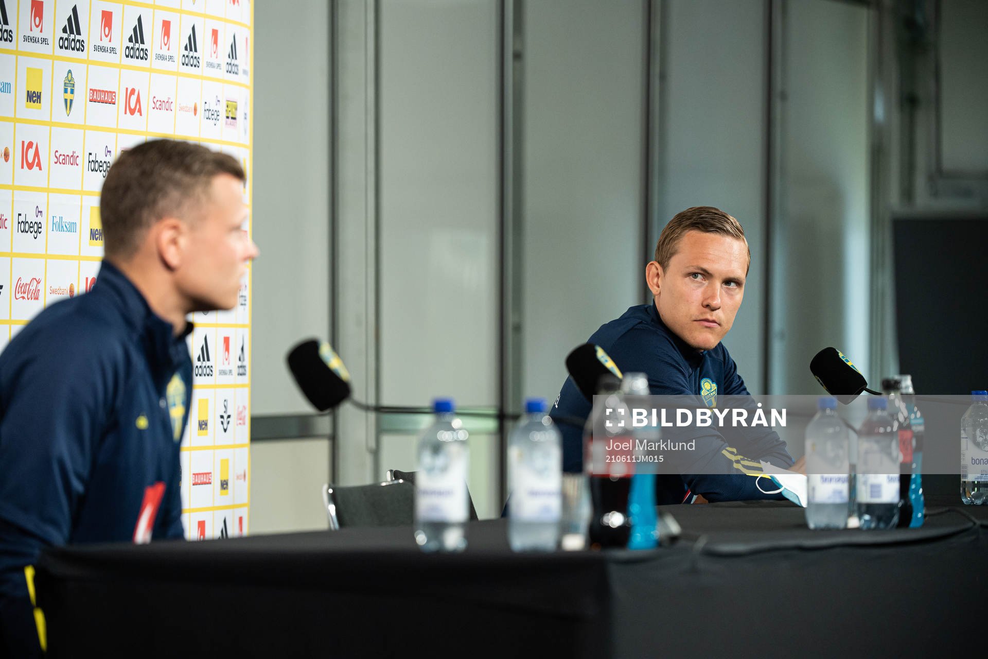 Viktor Claesson and Ludwig Augustinsson of the Swedish national football team at a press conference during the UEFA Euro 2020 Football Championship on June 11, 2021 in Gothenburg.