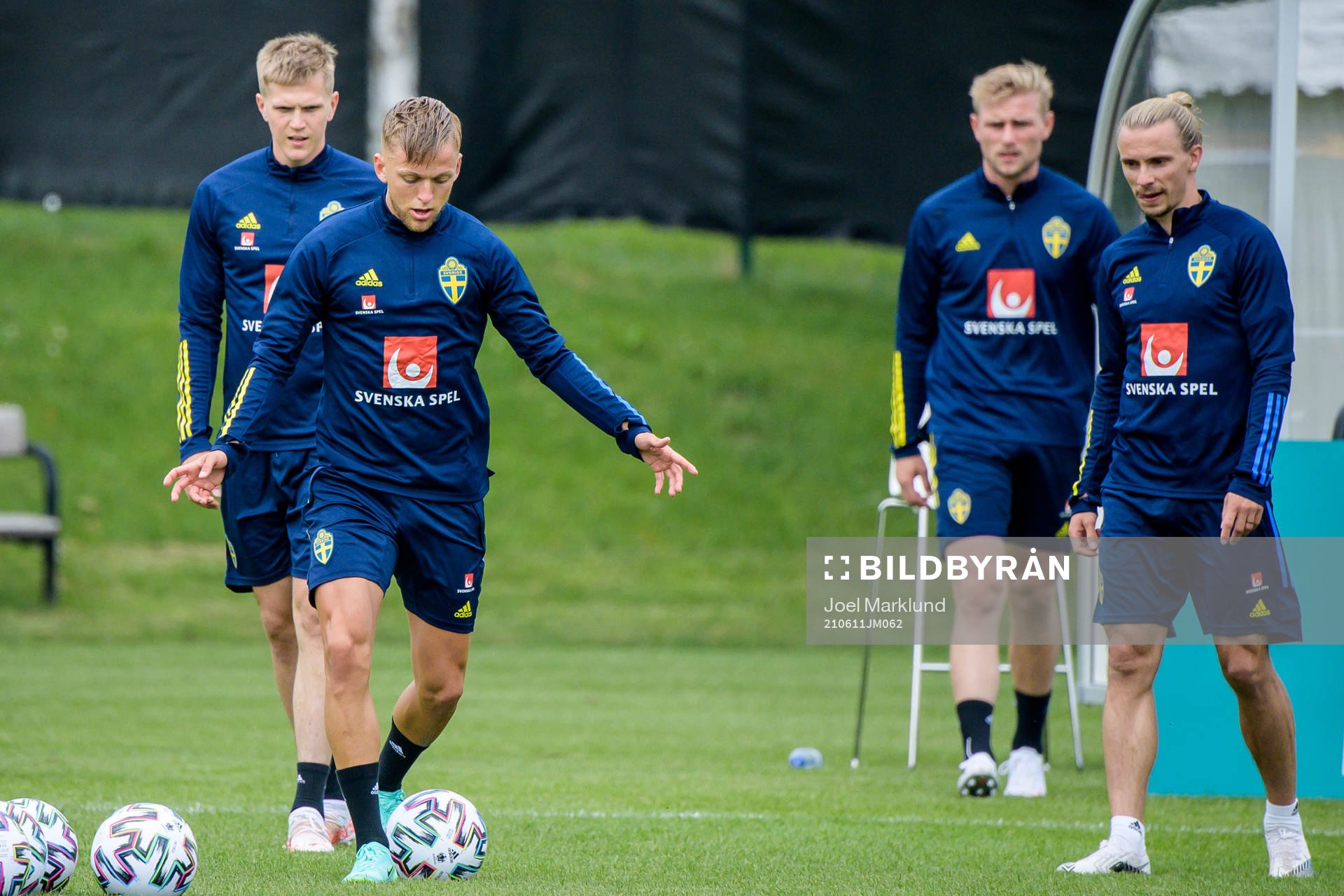 Joakim Nilsson, Jesper Karlsson, Jacob Rinne and Niclas Hult of the Swedish national football team's reserve squad at a training session during the UEFA Euro 2020 Football Championship on June 11, 2021 in Gothenburg.