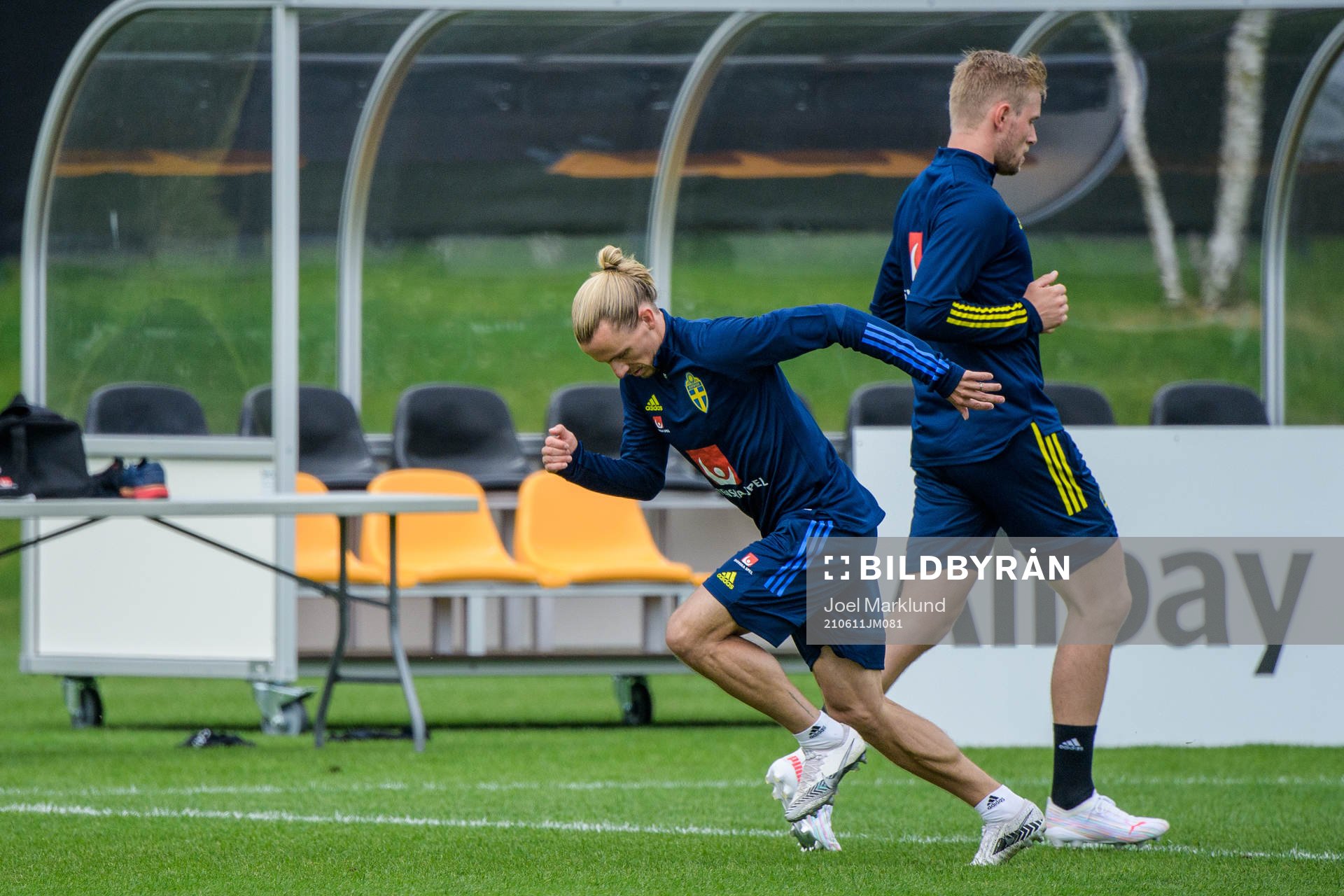 Niclas Hult and Jacob Rinne of the Swedish national football team's reserve squad at a training session during the UEFA Euro 2020 Football Championship on June 11, 2021 in Gothenburg.