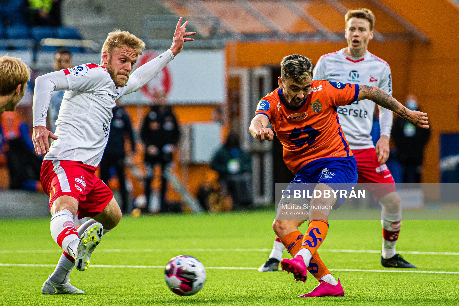 Mads Lennart Nielsen of Fredrikstad and Niklas Fernando Nygaard Castro of Aalesund during the OBOS-ligaen match between Aalesund and Fredrikstad on June 12, 2021 in Ålesund.