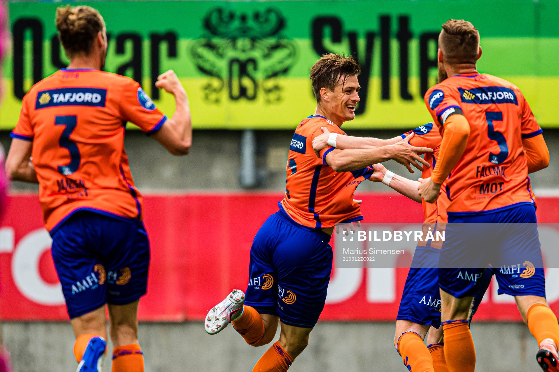Sigurd Hauso Haugen of Aalesund celebrates after scoring the 1-0 goal during the OBOS-ligaen match between Aalesund and Fredrikstad on June 12, 2021 in Ålesund.