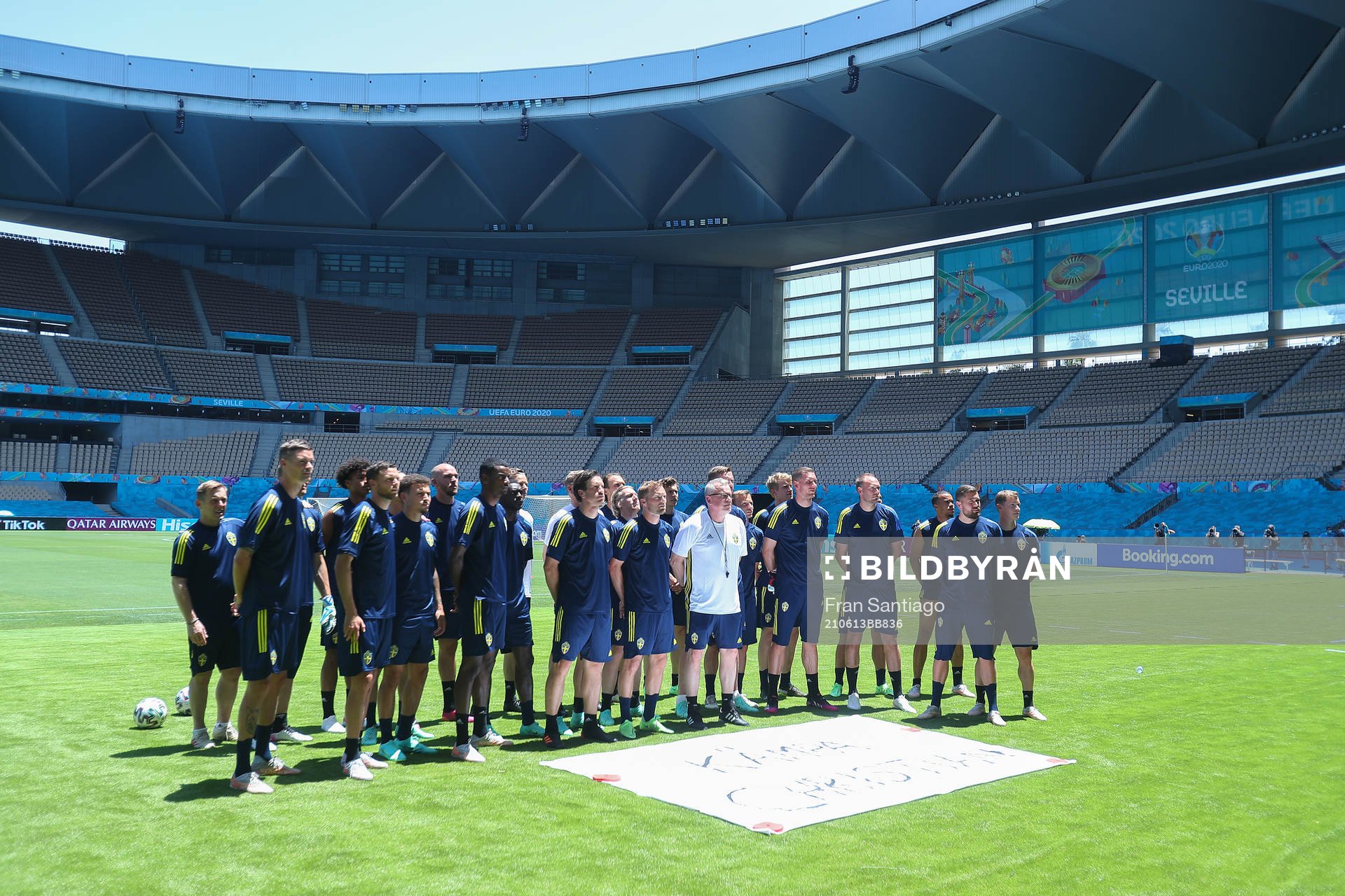 In this handout photo from UEFA players and coaching staff