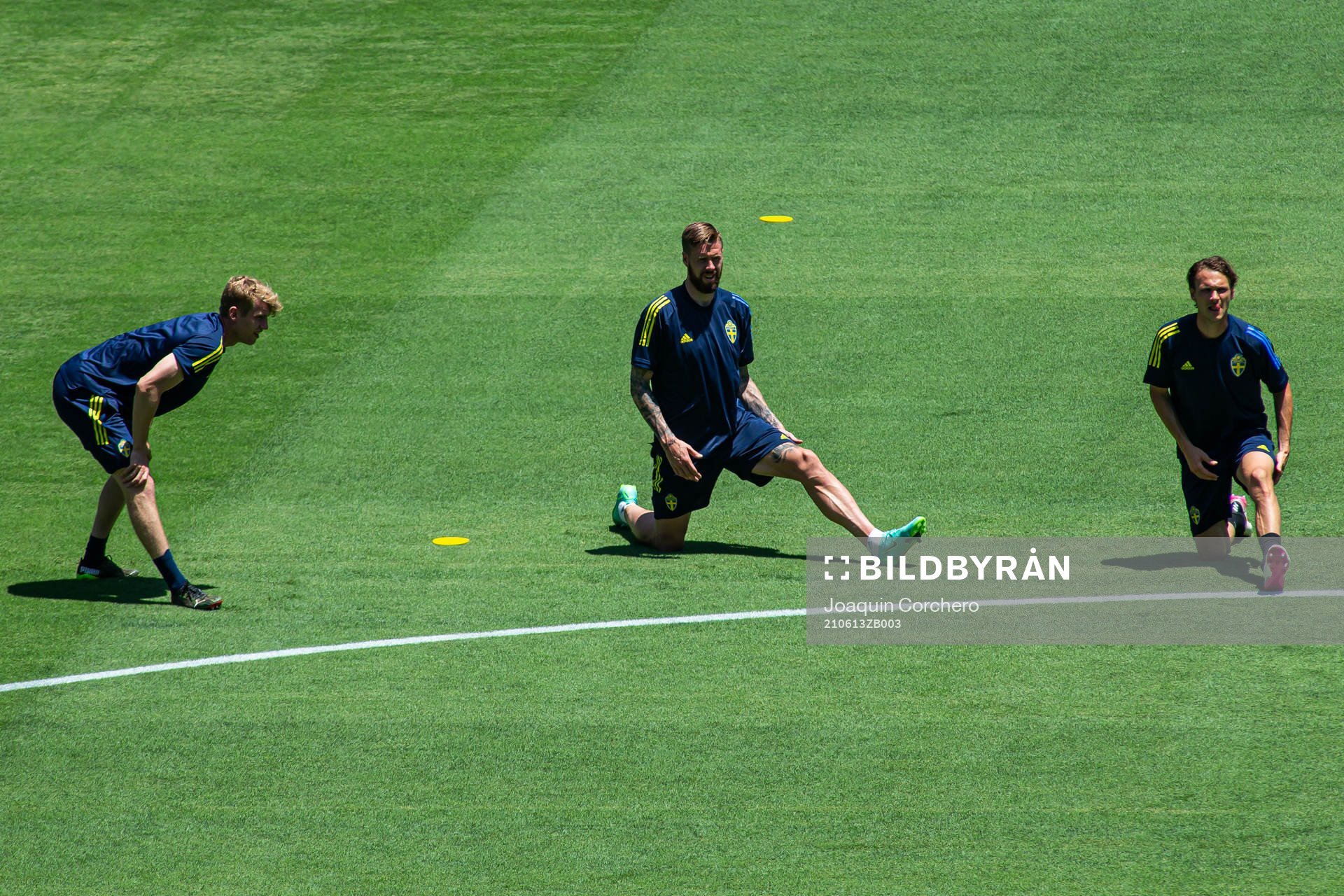 Filip Helander, Pontus Jansson and Albin Ekdal of the Swedish national football team at a training session during the UEFA Euro 2020 Football Championship on June 13, 2021 in Sevilla.