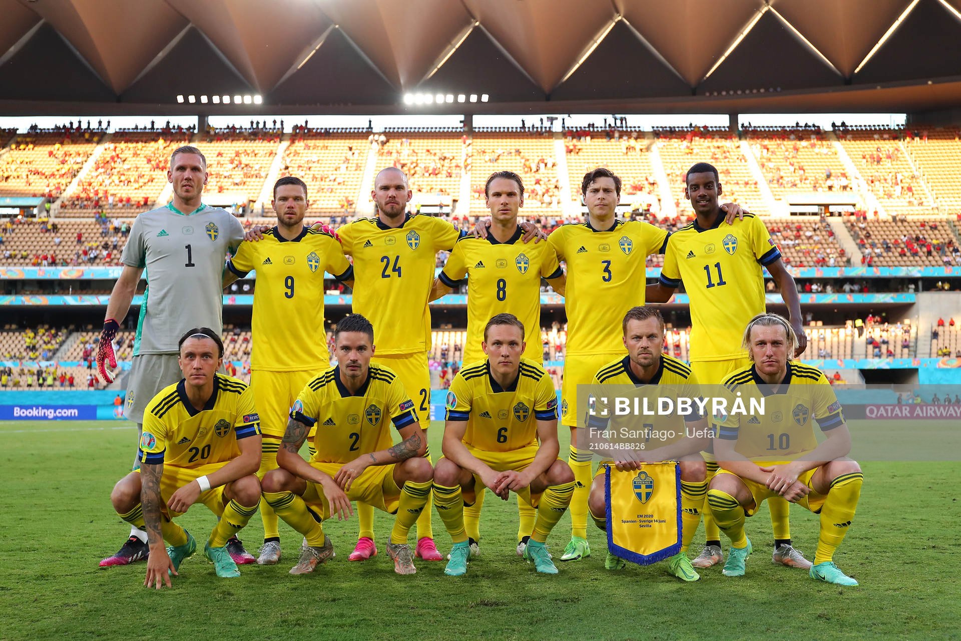 In this handout photo from UEFA the Swedish starting eleven is pictured ahead of the UEFA Euro 2020 Football Championship match between Spain and Sweden on June 14, 2021 in Seville. Rear row from left: goalkeeper Robin Olsen, Marcus Berg, Marcus Danielson, Albin Ekdal,  Victor Nilsson Lindelöf and Alexander Isak. Front row from left: Kristoffer Olsson, Mikael Lustig, Ludwig Augustinsson,  Sebastian Larsson and Emil Forsberg.