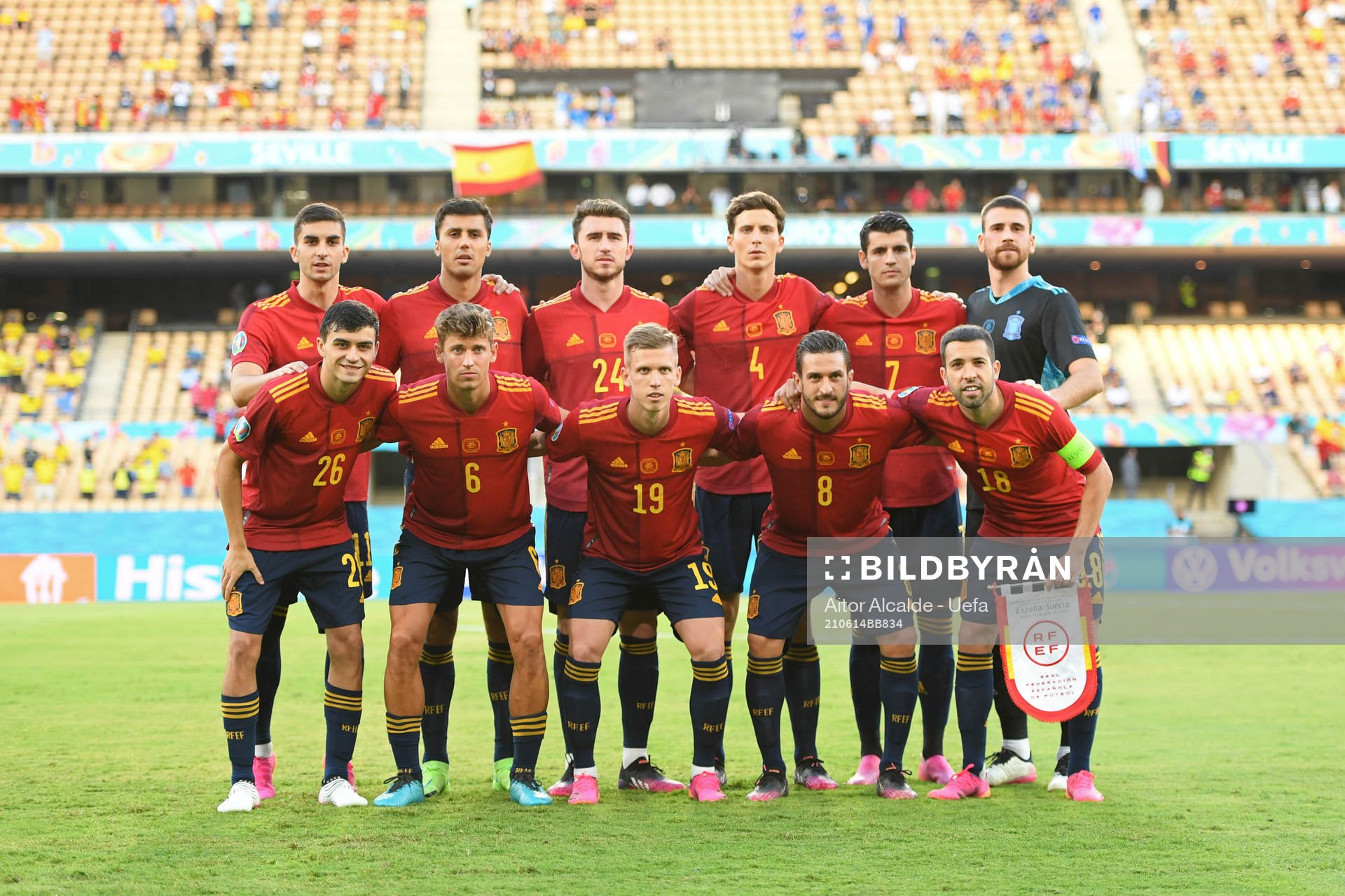 In this handout photo from UEFA the Spanish starting eleven
