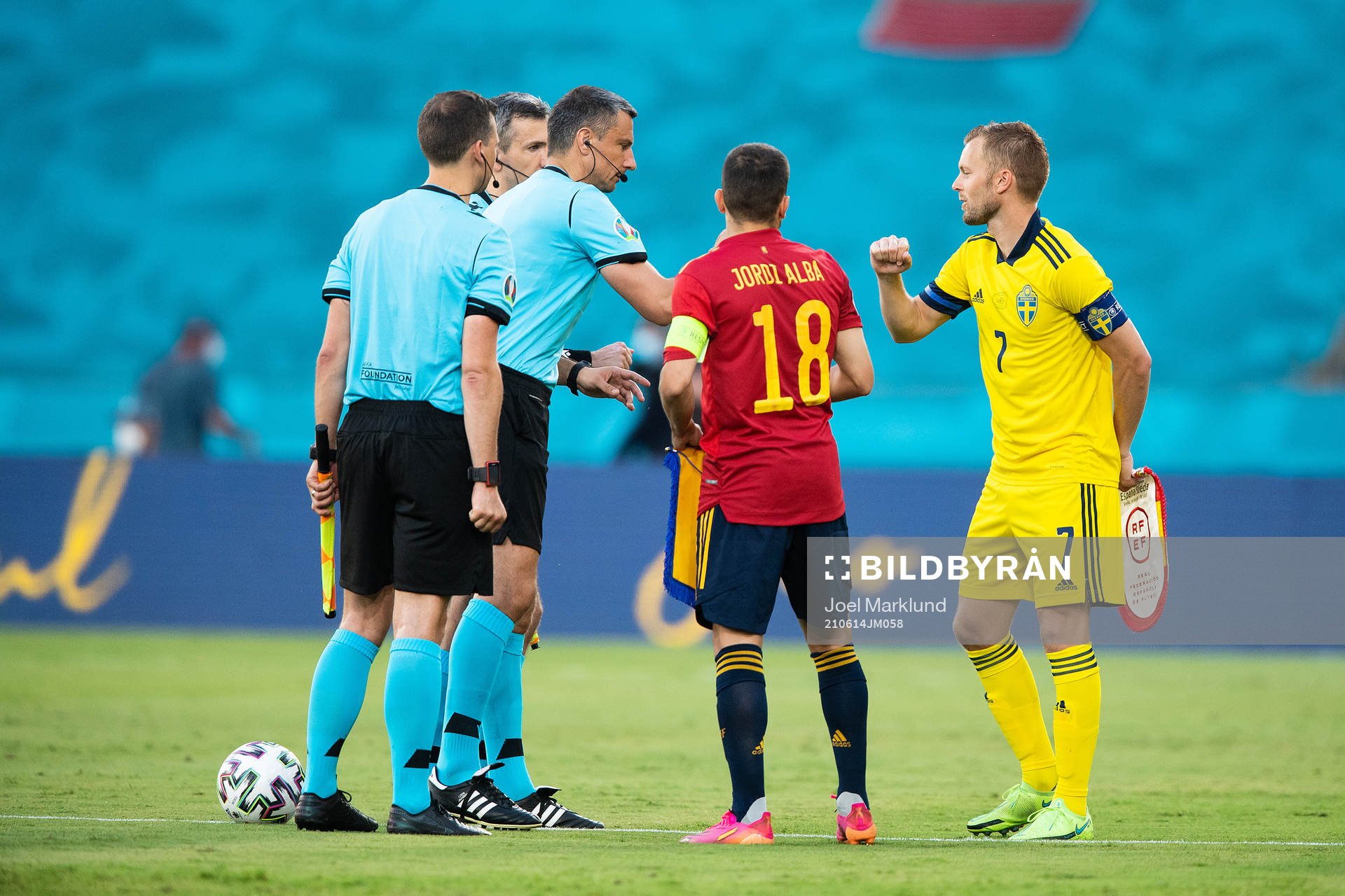 Jordi Alba of Spain and Sebastian Larsson of Sweden during the UEFA Euro 2020 Football Championship match between Spain and Sweden on June 14, 2021 in Seville.