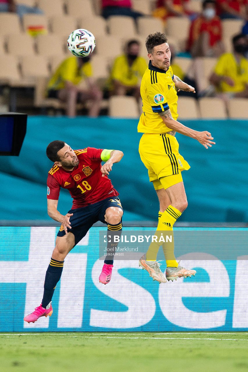 Jordi Alba of Spain and Mikael Lustig of Sweden during the UEFA Euro 2020 Football Championship match between Spain and Sweden on June 14, 2021 in Seville. 