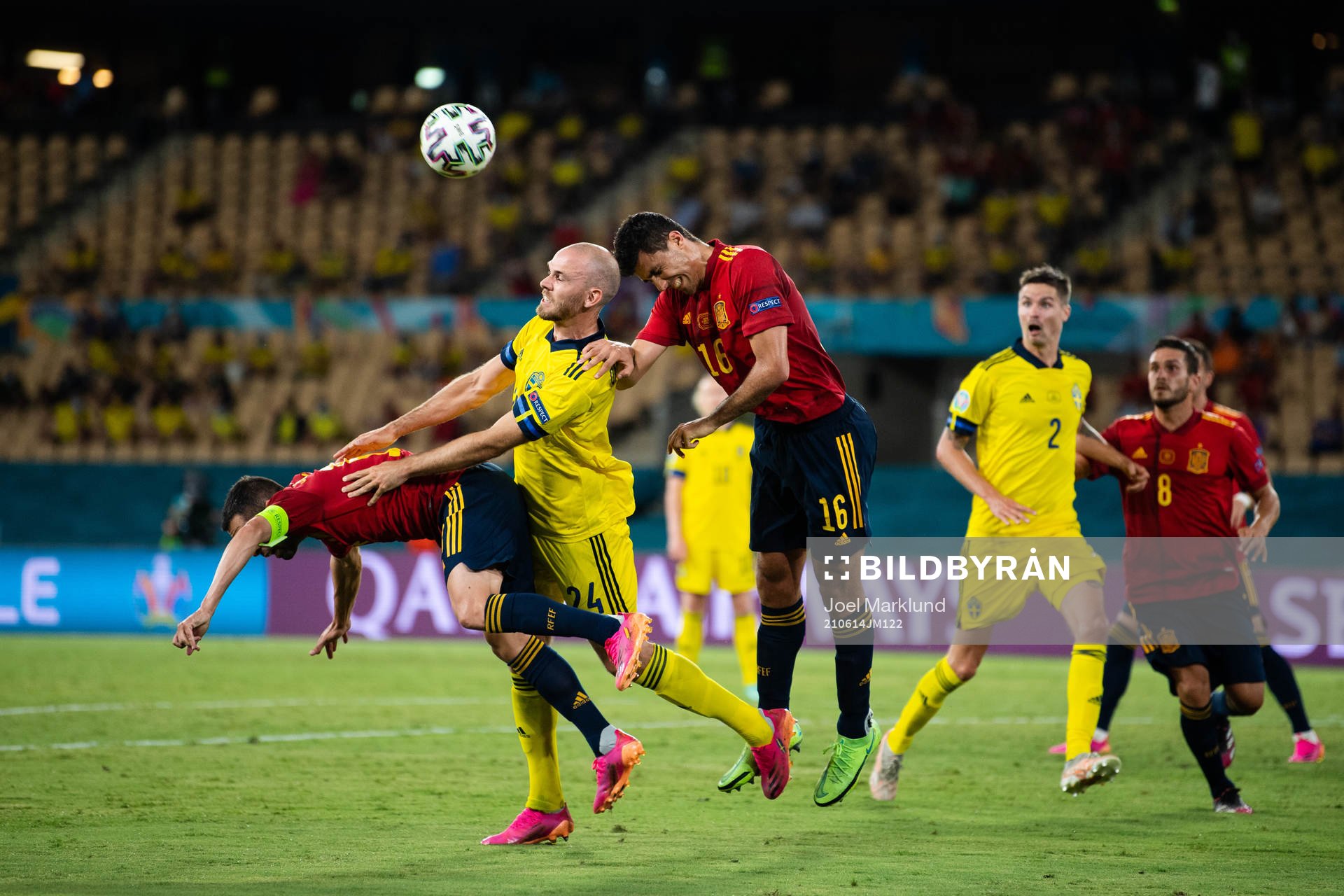 Dani Olmo and Rodri Rodri of Spain against Marcus Danielson of Sweden during the UEFA Euro 2020 Football Championship match between Spain and Sweden on June 14, 2021 in Seville. 