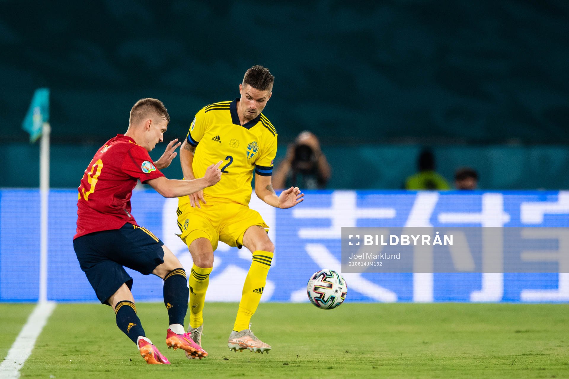Dani Olmo of Spain and Mikael Lustig of Sweden during the UEFA Euro 2020 Football Championship match between Spain and Sweden on June 14, 2021 in Seville. 