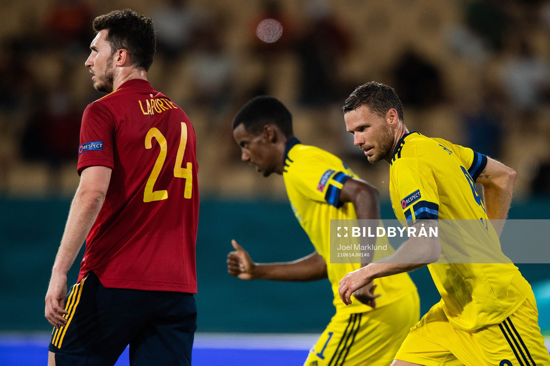 Aymeric Laporte of Spain against Alexander Isak and Marcus