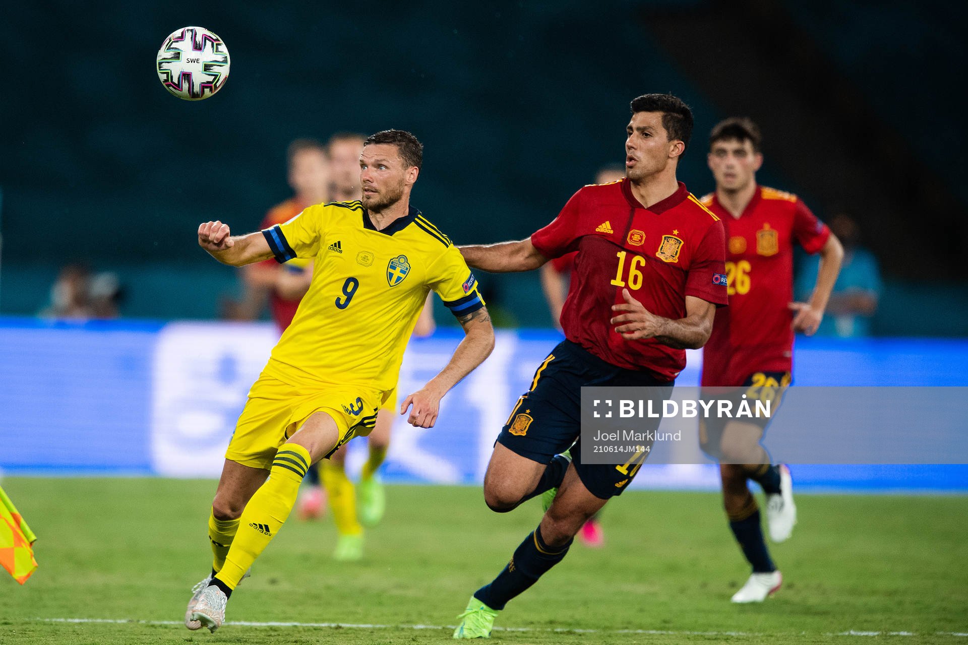 Marcus Berg of Sweden and Rodri Rodri of Spain during the UEFA Euro 2020 Football Championship match between Spain and Sweden on June 14, 2021 in Seville.