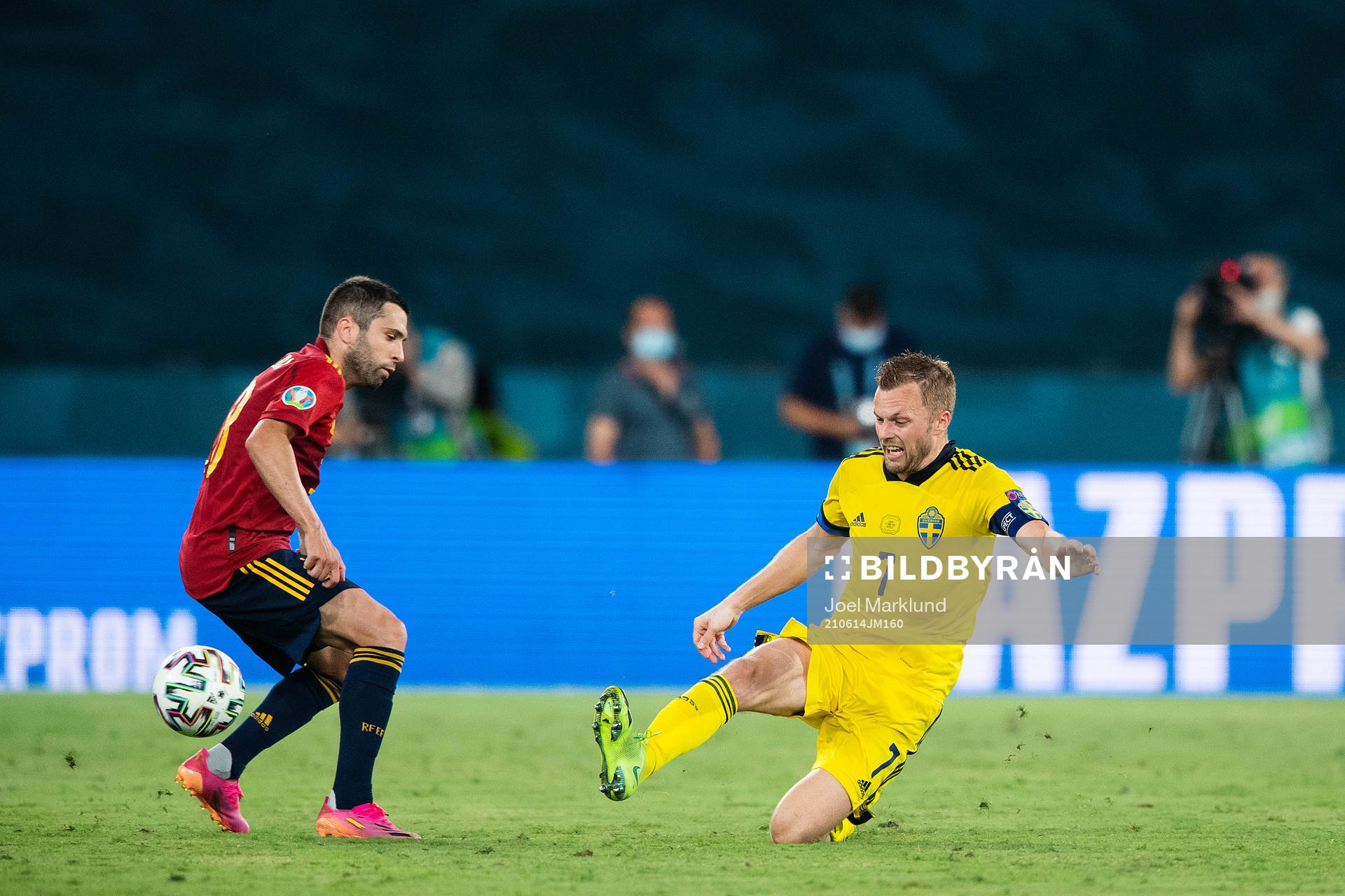 Jordi Alba of Spain and Sebastian Larsson of Sweden during the UEFA Euro 2020 Football Championship match between Spain and Sweden on June 14, 2021 in Seville.