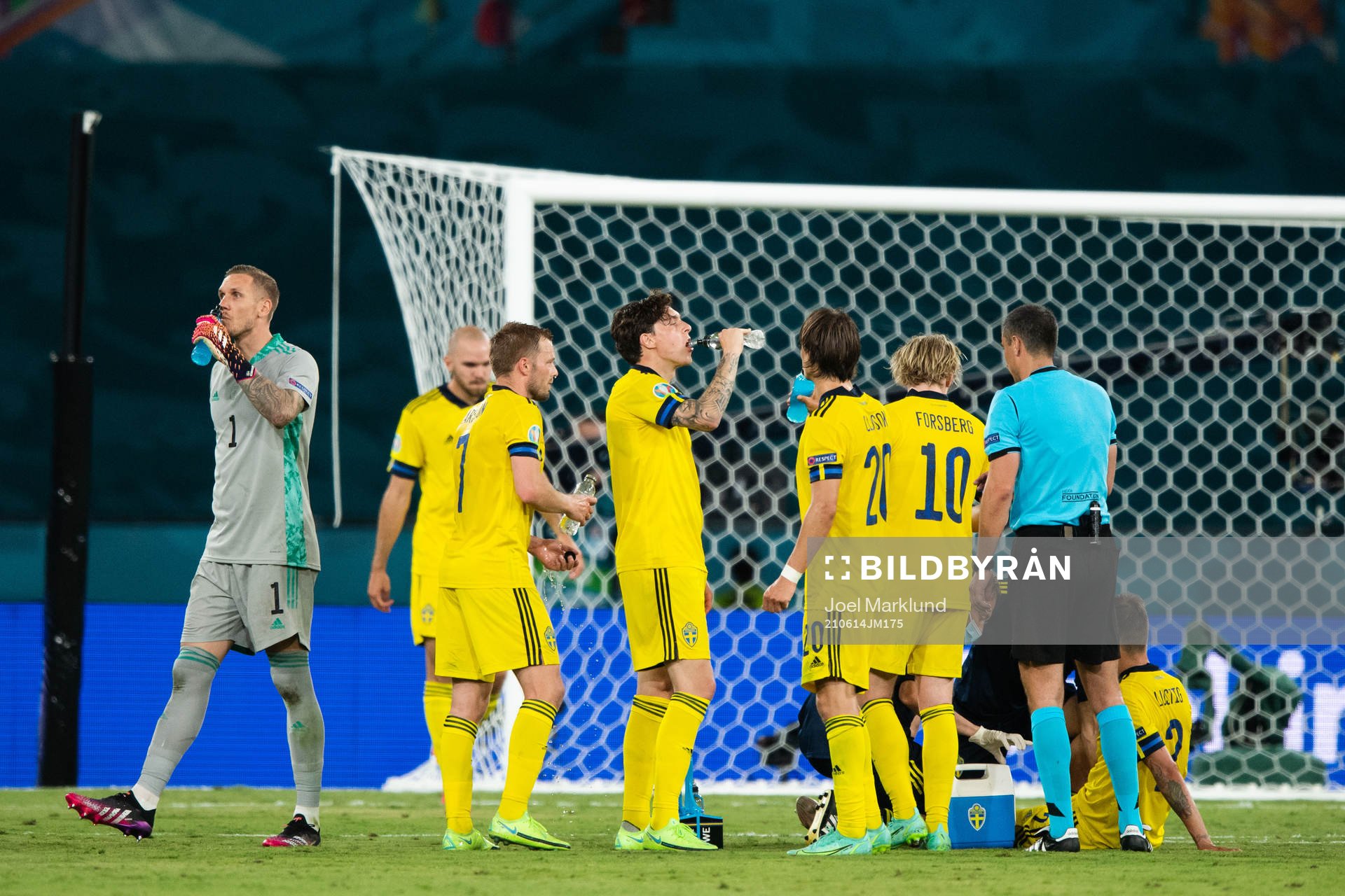 Water break when Mikael Lustig of Sweden receives medical
