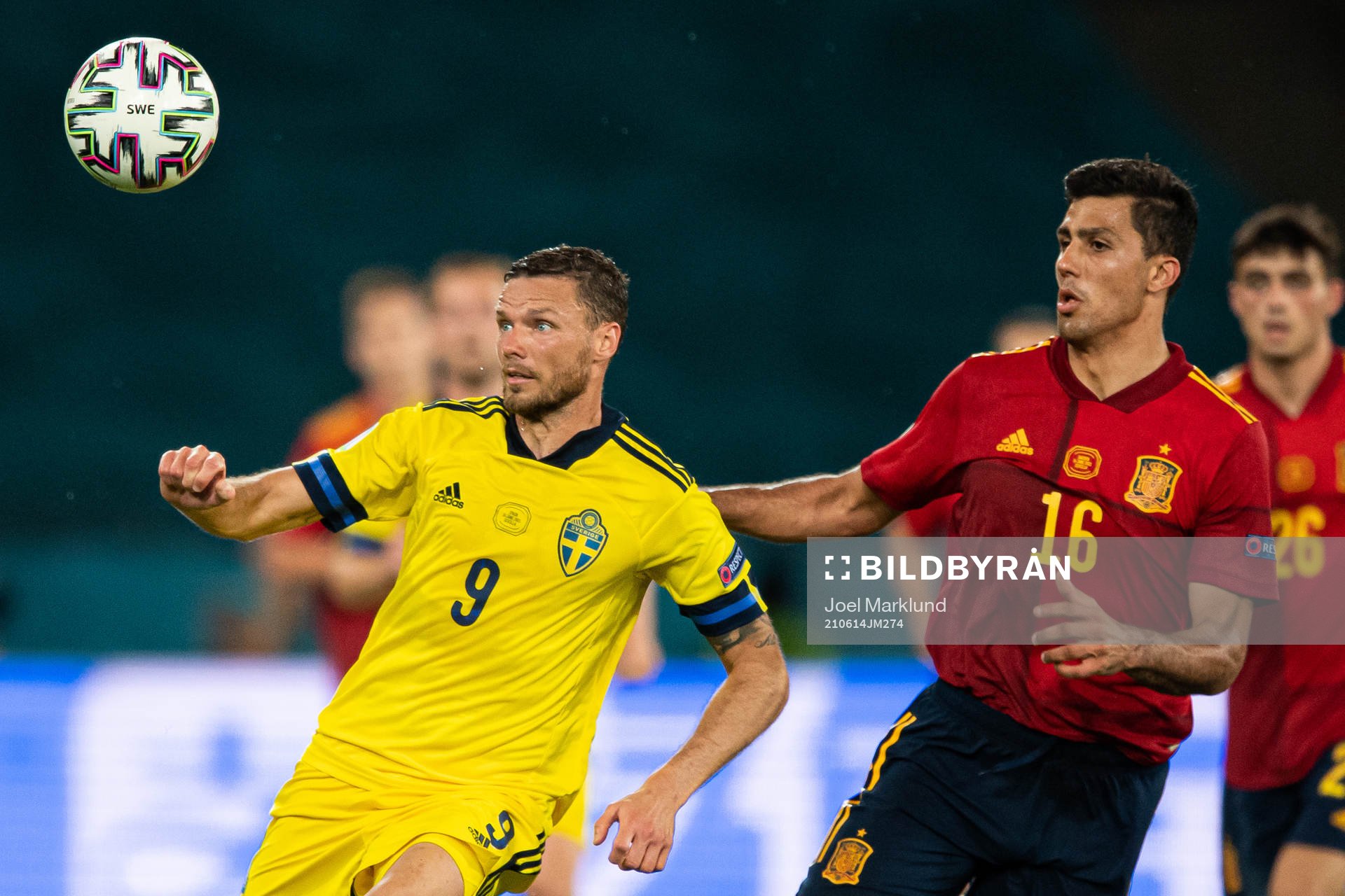 Marcus Berg of Sweden in action against Rodri of Spain