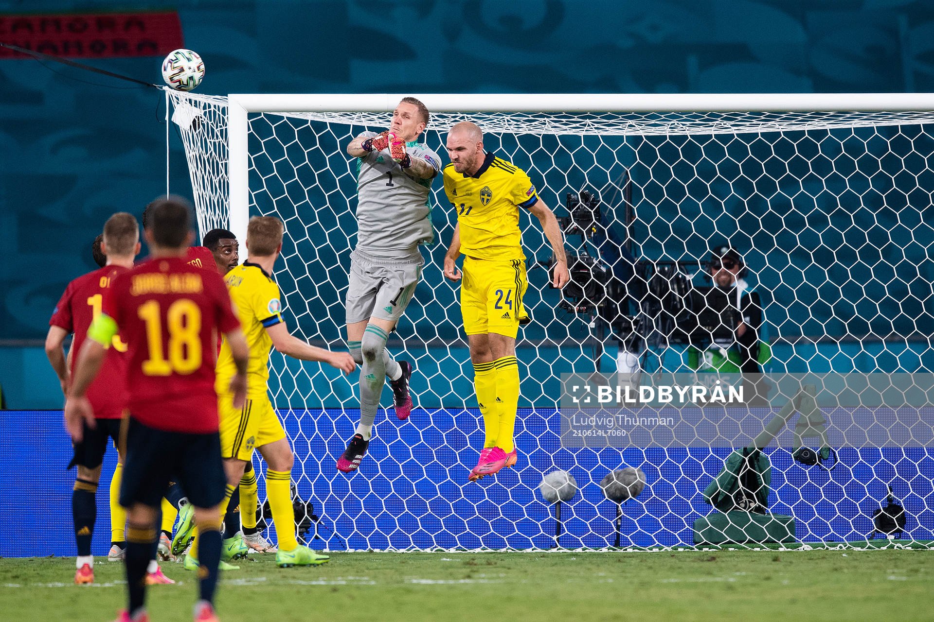 goalkeeper Robin Olsen and Marcus Danielson of Sweden