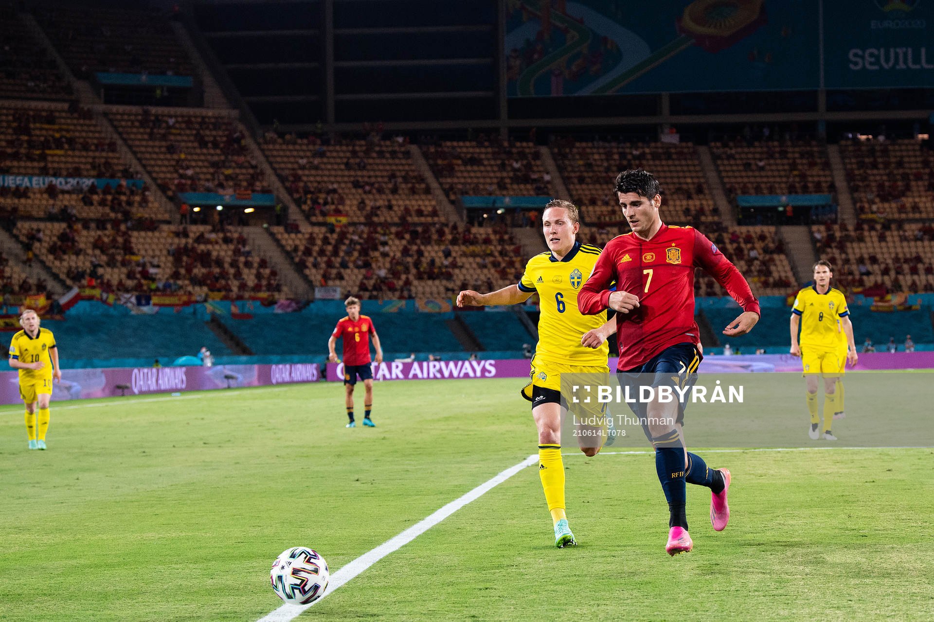 Ludwig Augustinsson of Sweden and Alvaro Morata Álvaro