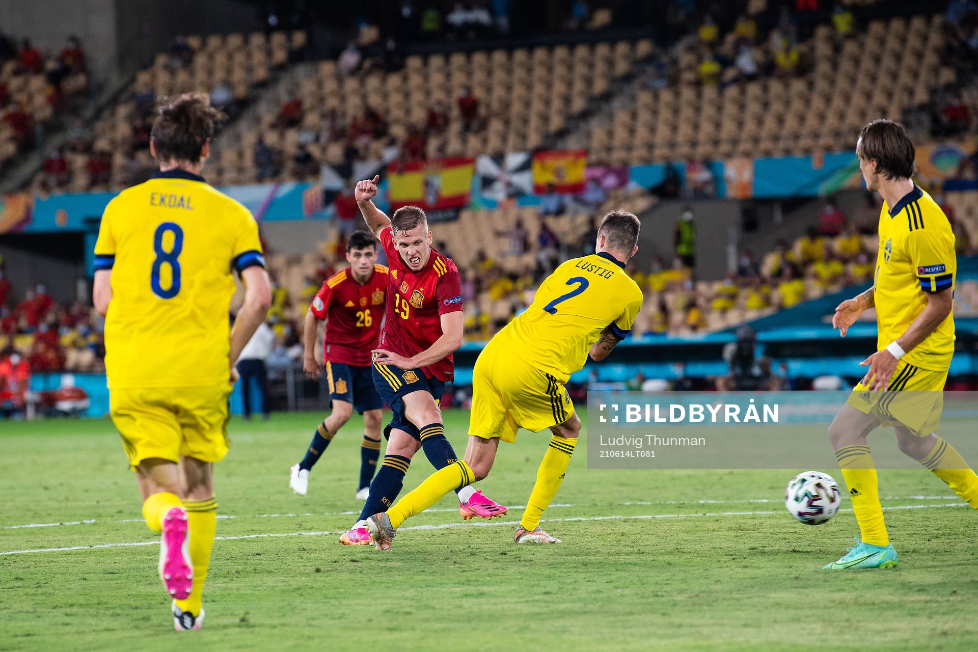 Dani Olmo of Spain and Mikael Lustig of Sweden during the UEFA Euro 2020 Football Championship match between Spain and Sweden on June 14, 2021 in Seville. 