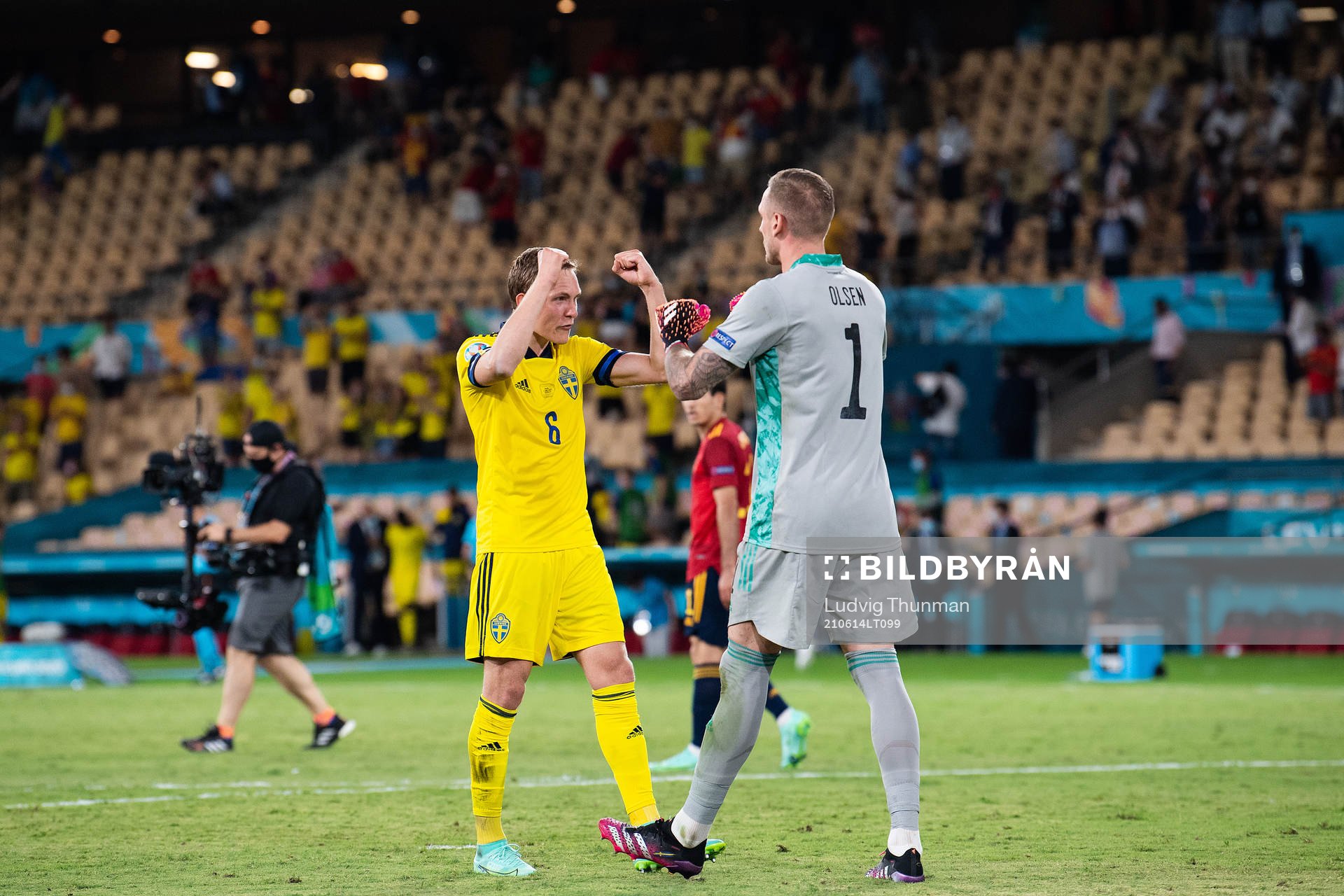Ludwig Augustinsson and goalkeeper Robin Olsen celebrate