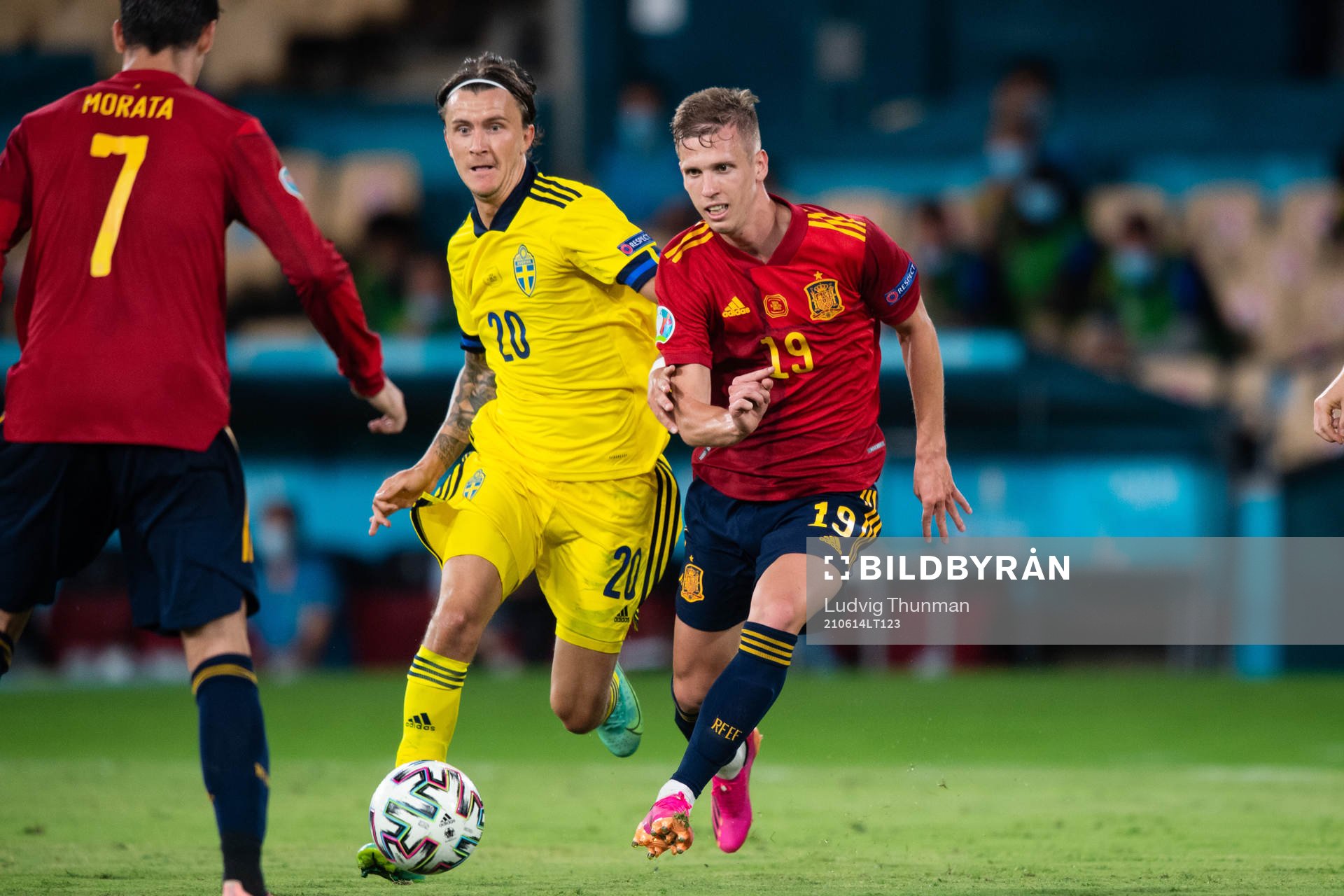 Kristoffer Olsson of Sweden and Dani Olmo of Spain during the UEFA Euro 2020 Football Championship match between Spain and Sweden on June 14, 2021 in Seville.