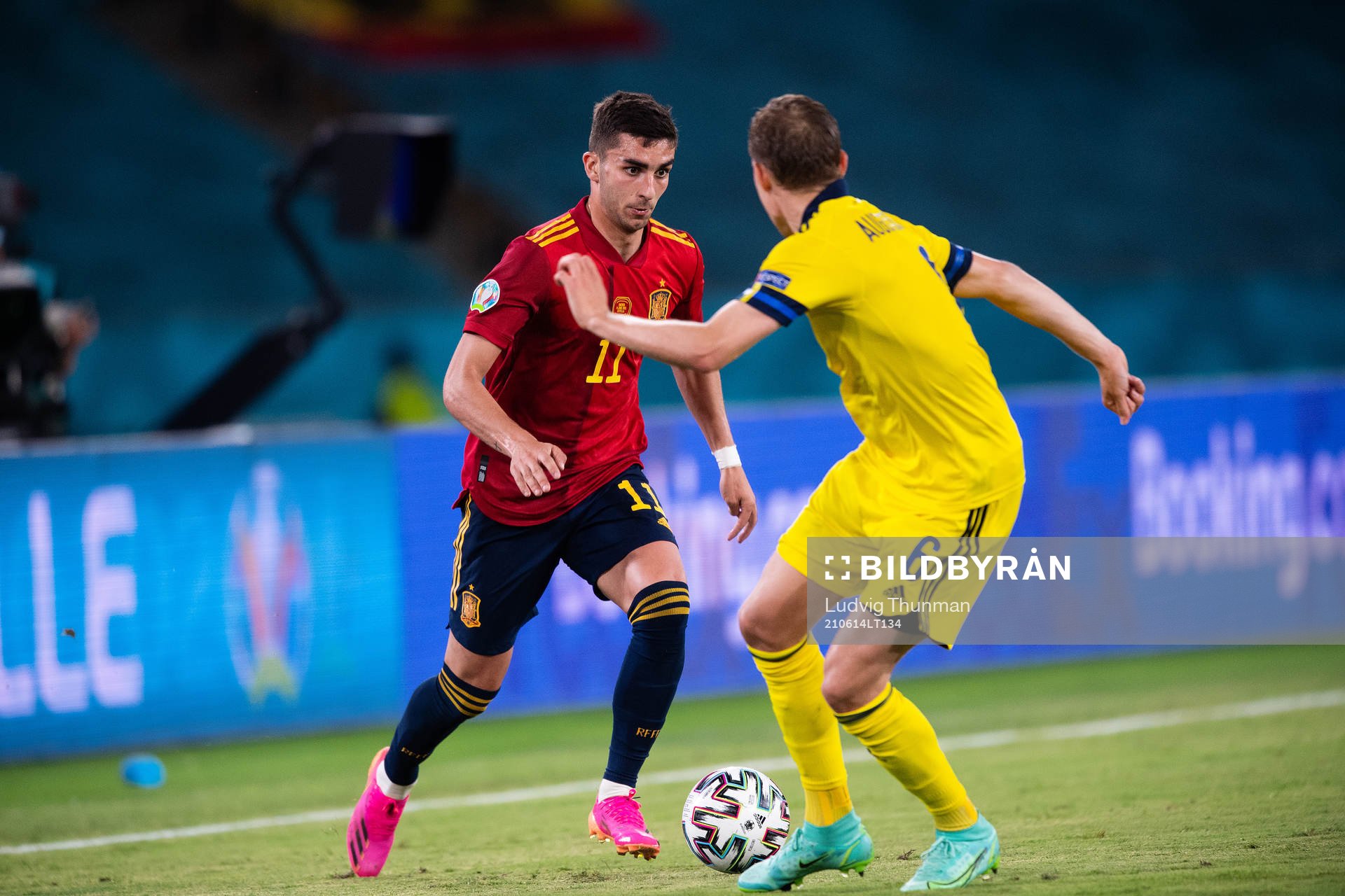 Ferran Torres of Spain and Ludwig Augustinsson of Sweden