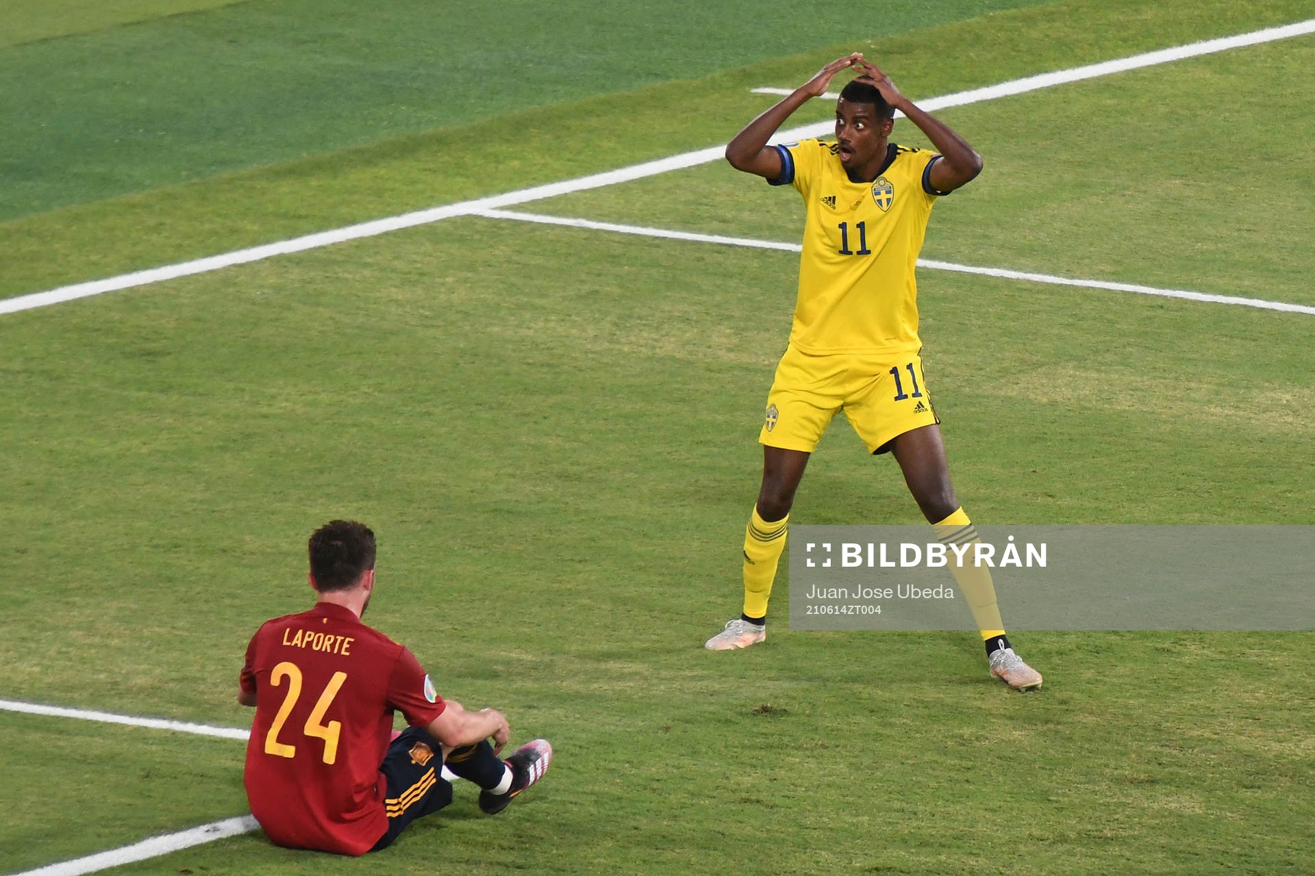 Alexander Isak of Sweden and Aymeric Laporte of Spain