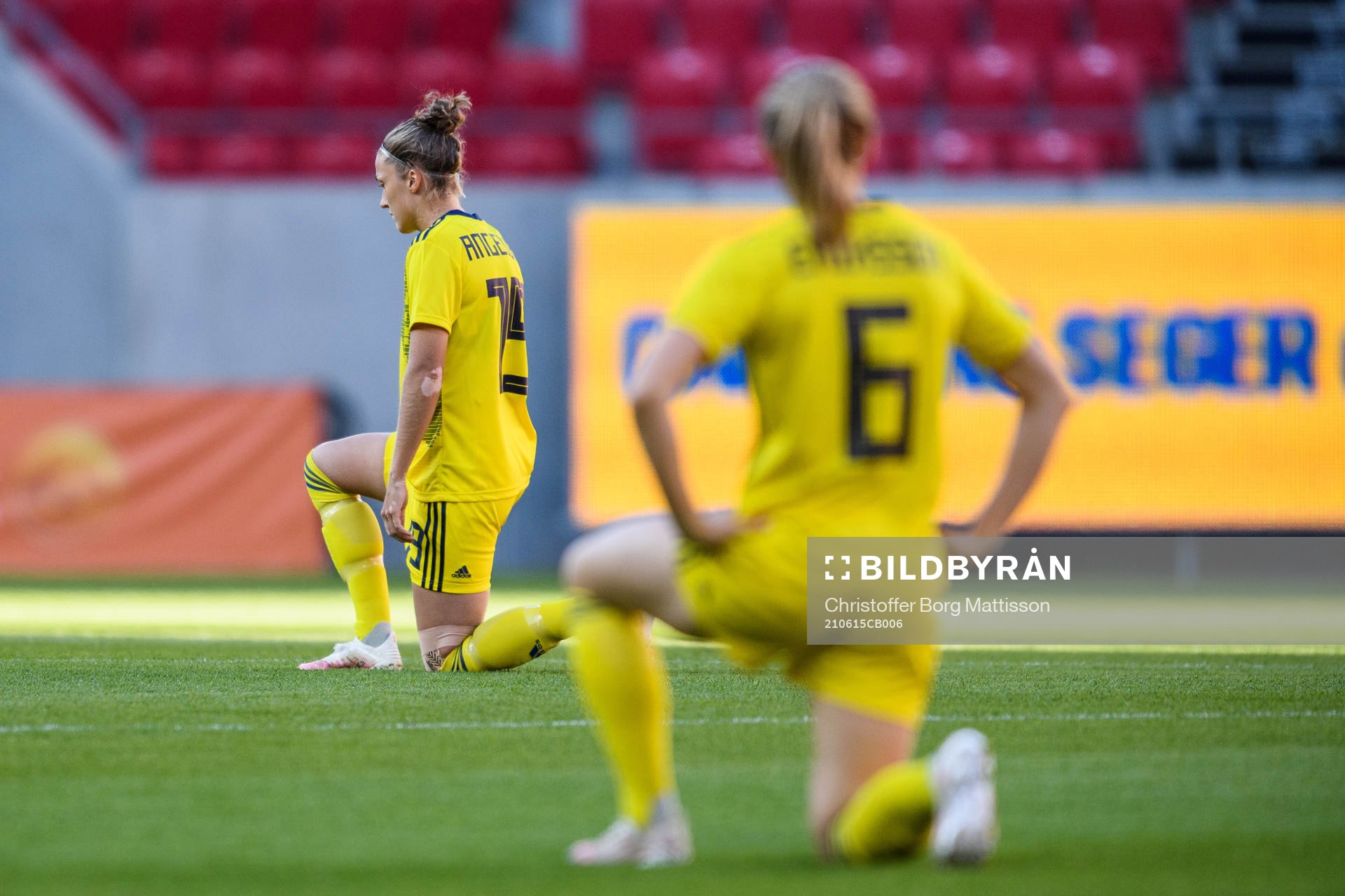 Filippa Angeldahl of Sweden takes a knee prior to the