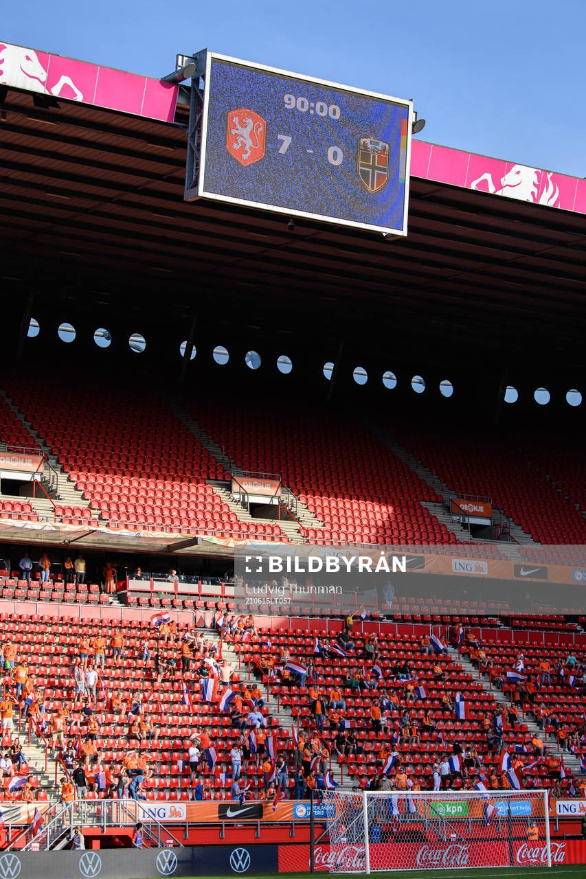 The scoreboard shows the end result 7-0 after the women's international friendly football match between Netherlands and Norway on June 15, 2021 in Enschede.