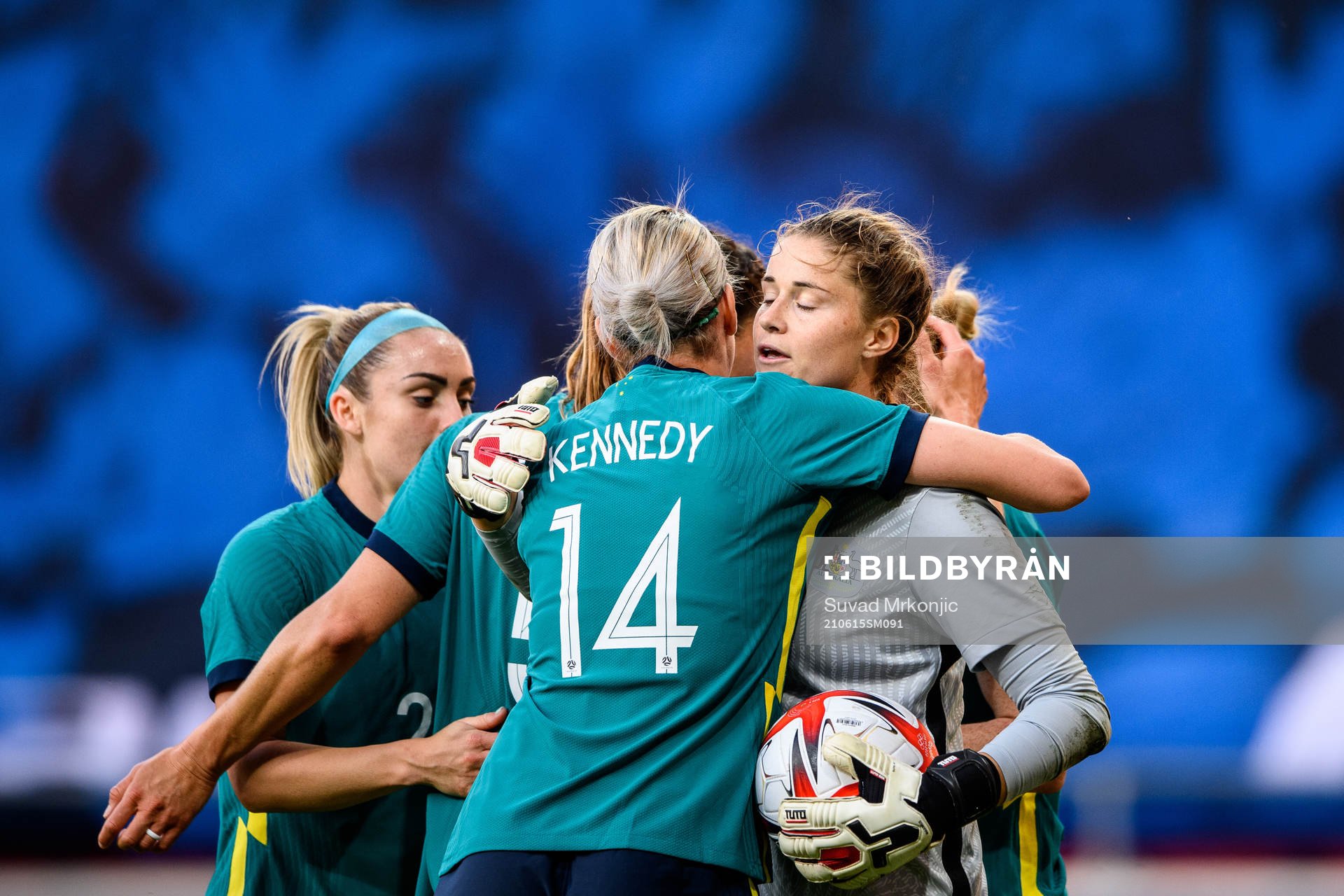 Alanna Kennedy and goalkeeper Teagan Micah of Australia after the international friendly football match between Sweden and Australia on June 15, 2021 in Kalmar.