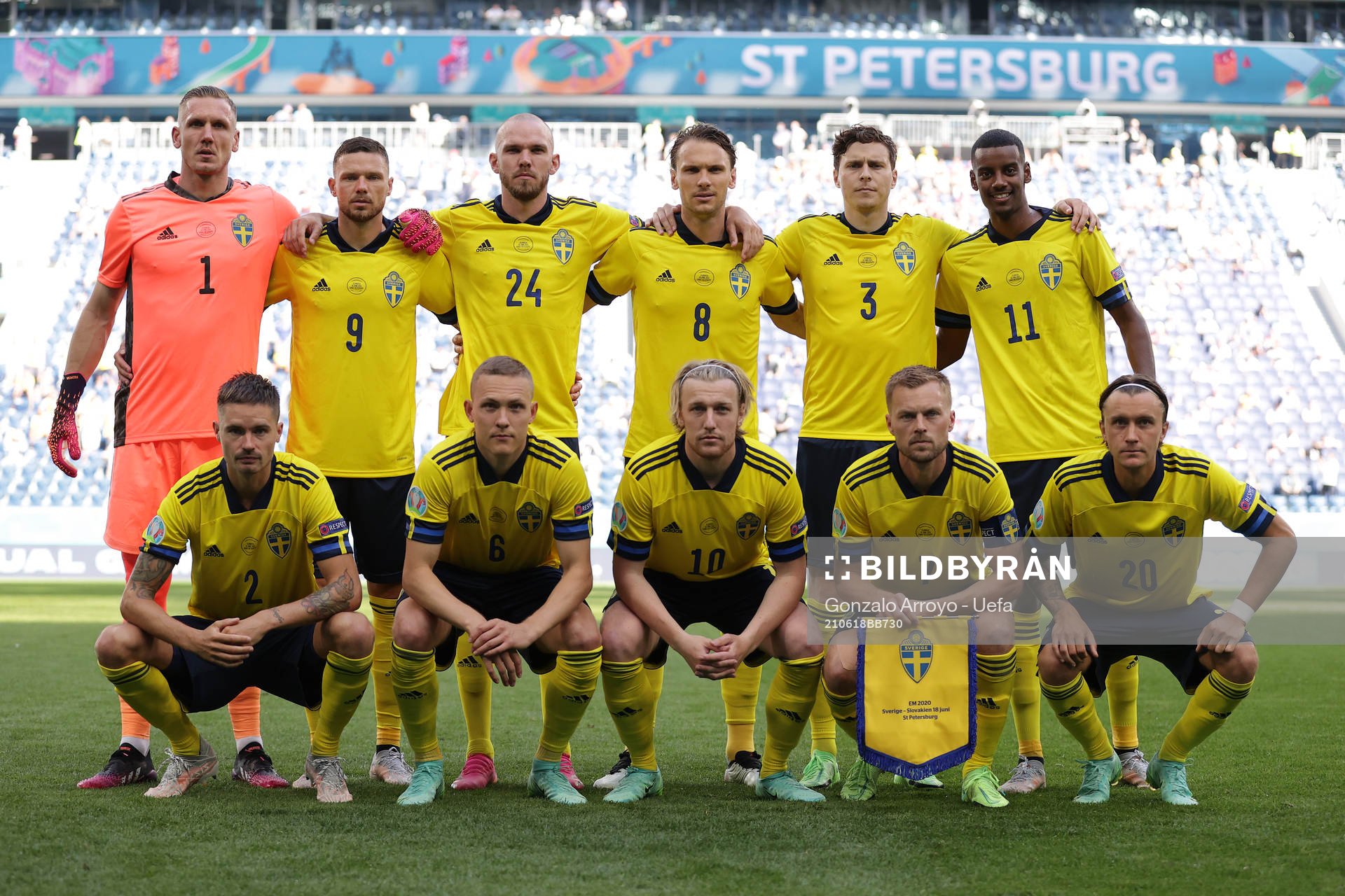 In this handout photo from UEFA the Swedish starting eleven