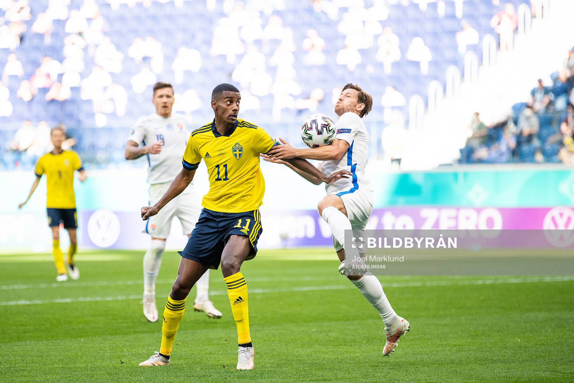 Alexander Isak of Sweden and Patrik Hrosovsky of Slovakia