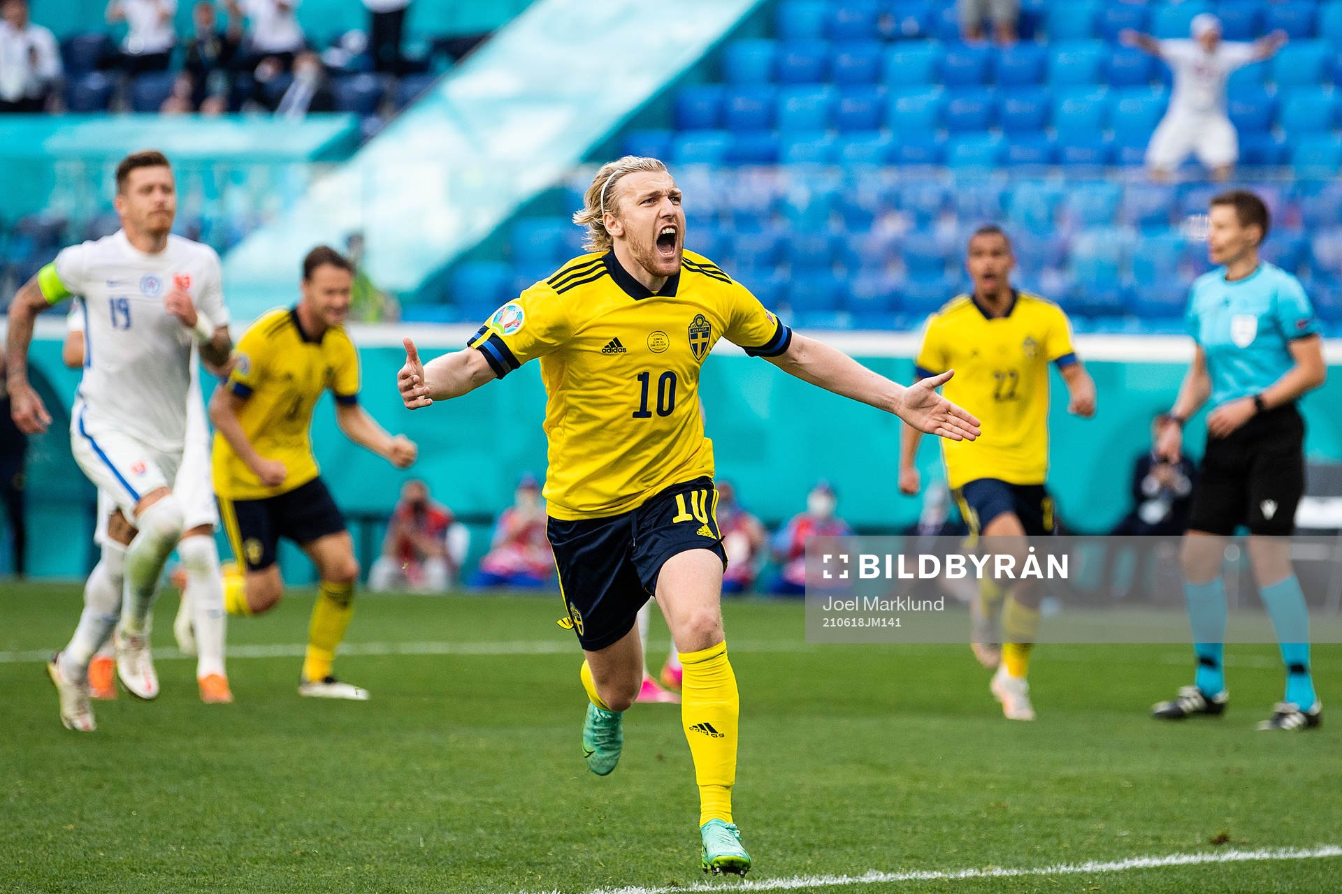 Emil Forsberg of Sweden celebrates after scoring 1-0 during the UEFA Euro 2020 Football Championship match between Sweden and Slovakia on June 18, 2021 in Saint Petersburg.