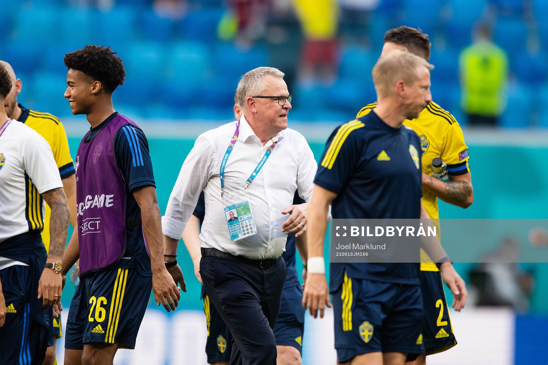 head coach Janne Andersson of Sweden celebrate after the UEFA Euro 2020 Football Championship match between Sweden and Slovakia on June 18, 2021 in Saint Petersburg.