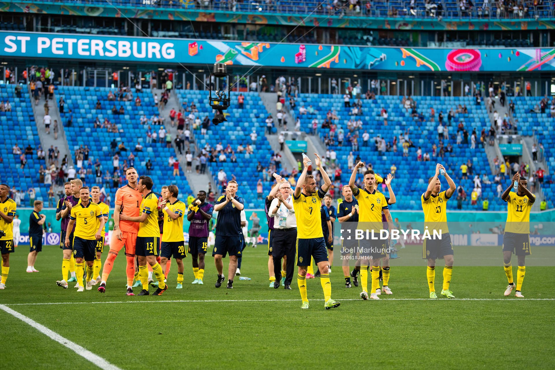 Players of Sweden celebrate after the UEFA Euro 2020 Football Championship match between Sweden and Slovakia on June 18, 2021 in Saint Petersburg.