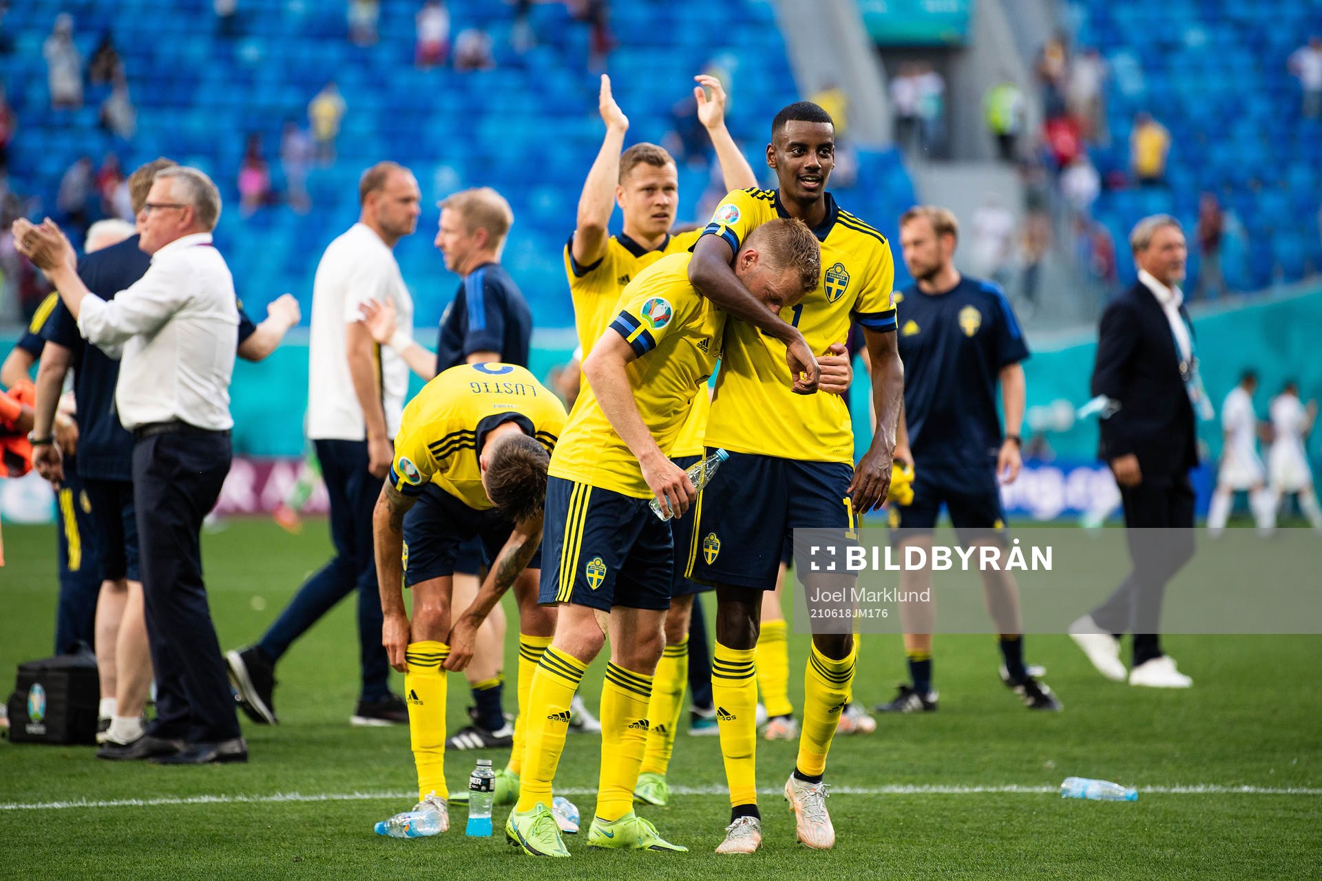 Sebastian Larsson and Alexander Isak of Sweden celebrate
