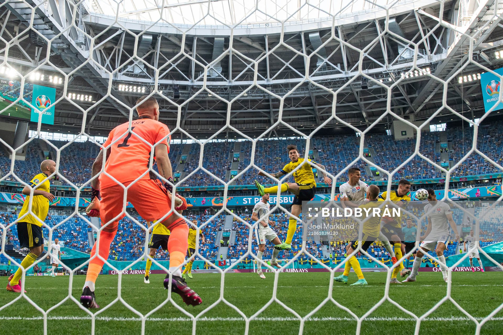 Goalkeeper Robin Olsen sees Victor Nilsson Lindelöf,