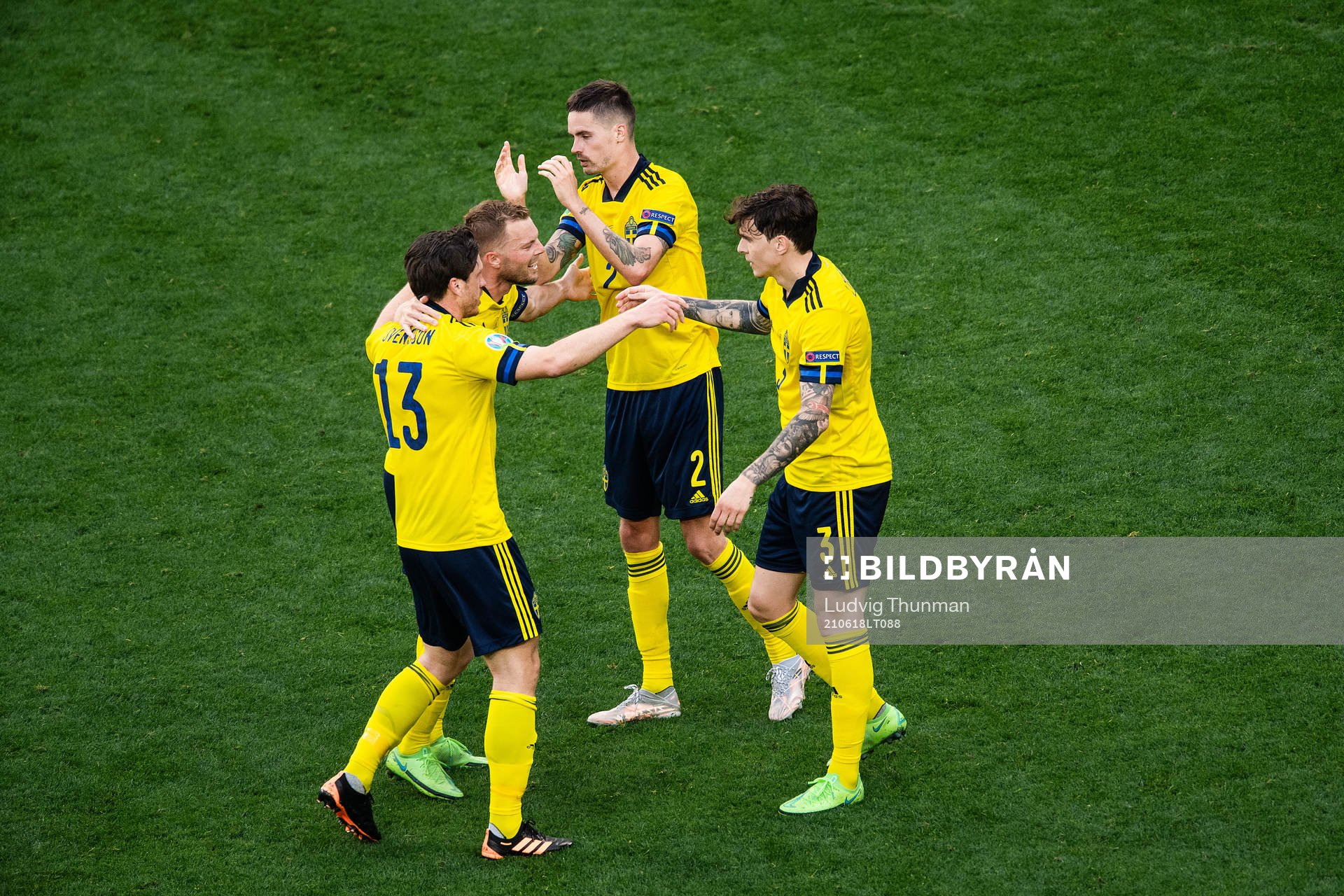 Gustav Svensson, Sebastian Larsson, Mikael Lustig and Victor Nilsson Lindelöf of Sweden celebrate after the UEFA Euro 2020 Football Championship match between Sweden and Slovakia on June 18, 2021 in Saint Petersburg.