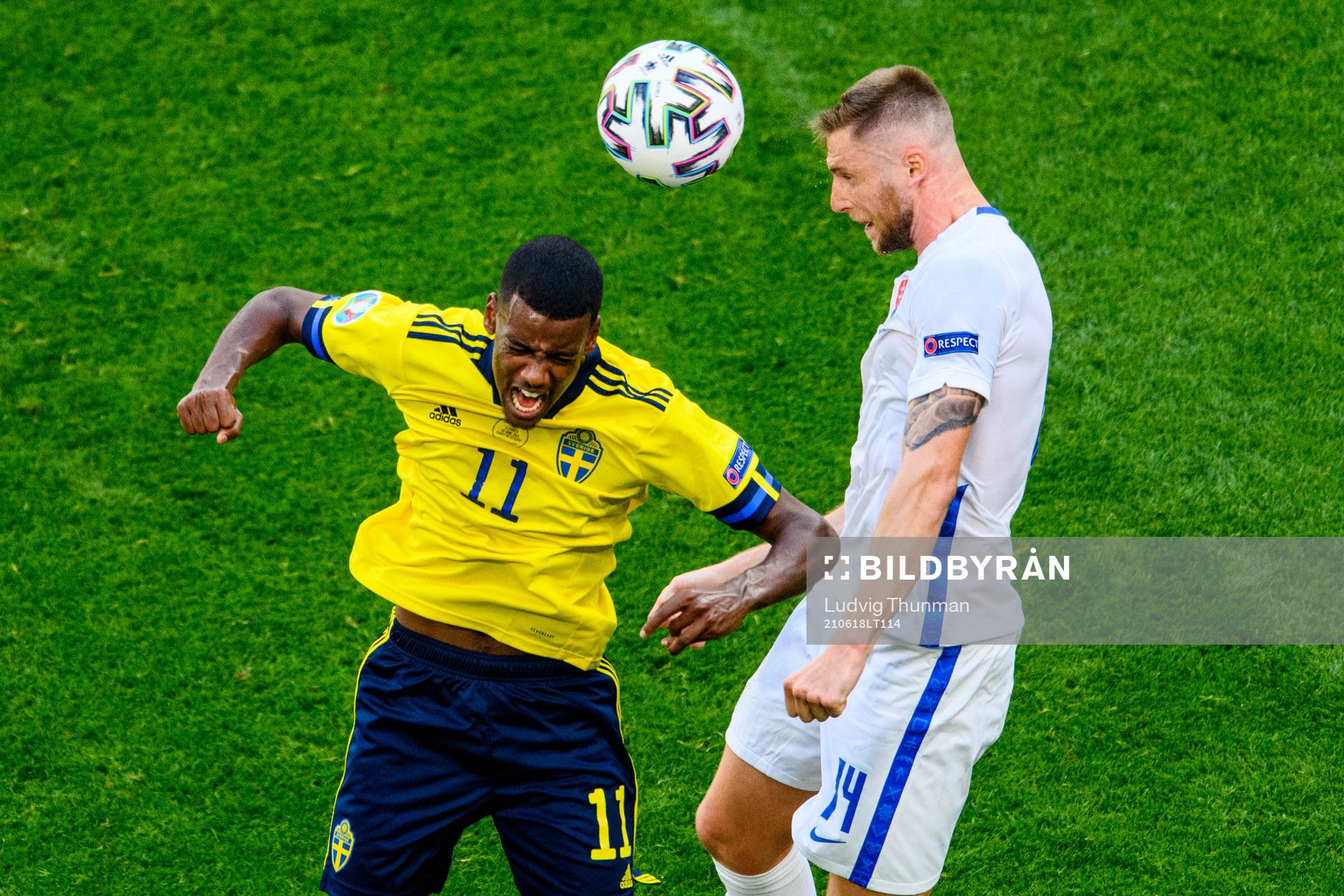 Alexander Isak of Sweden and Milan Skriniar of Slovakia during the UEFA Euro 2020 Football Championship match between Sweden and Slovakia on June 18, 2021 in Saint Petersburg.