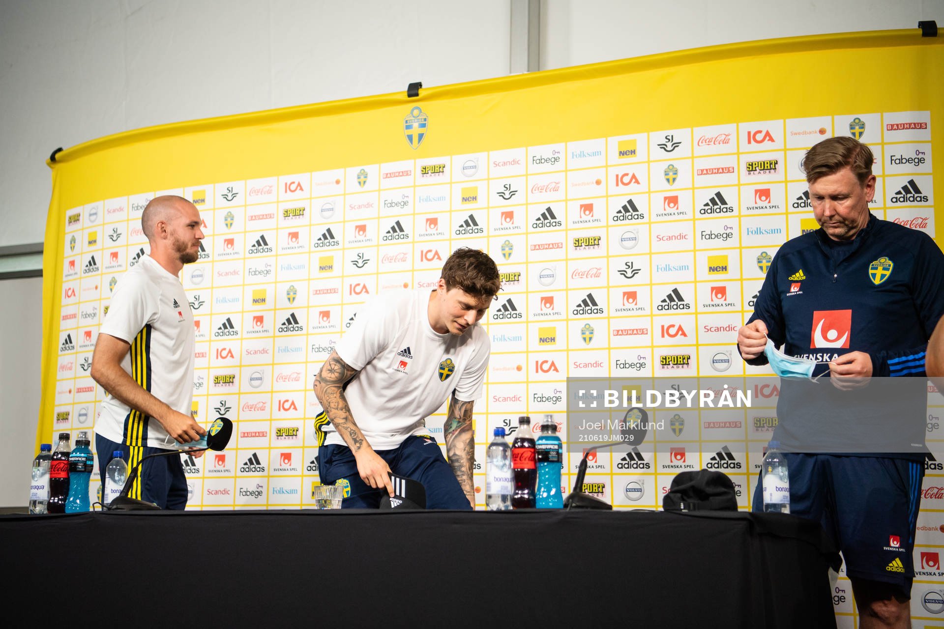 Marcus Danielson, Victor Nilsson Lindelöf and assistant coach Peter Wettergren of the Swedish national football team at a press conference during the UEFA Euro 2020 Football Championship on on June 19, 2021 in Gothenburg.