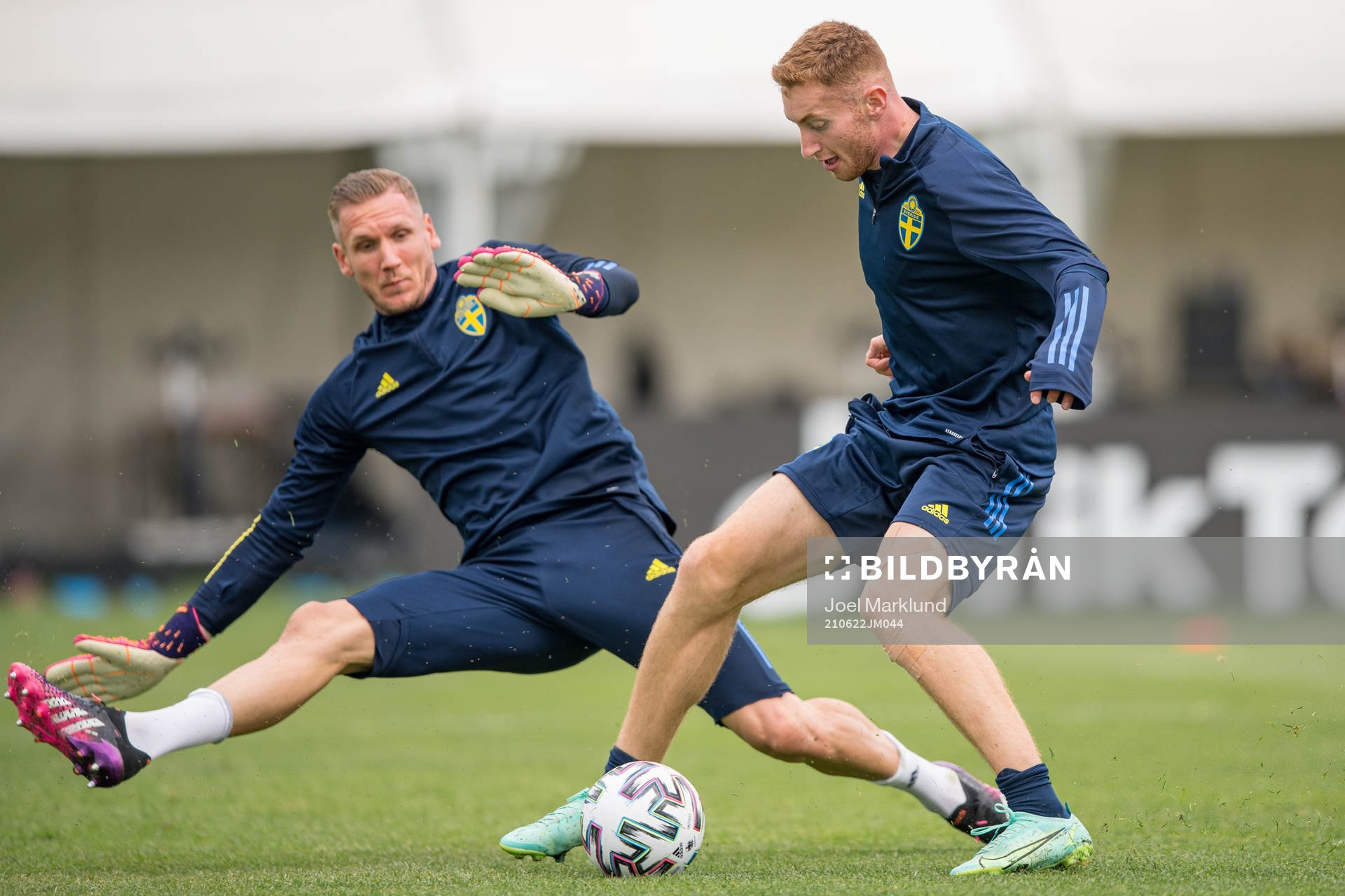 Goalkeeper Robin Olsen and Dejan Kulusevski of the Swedish