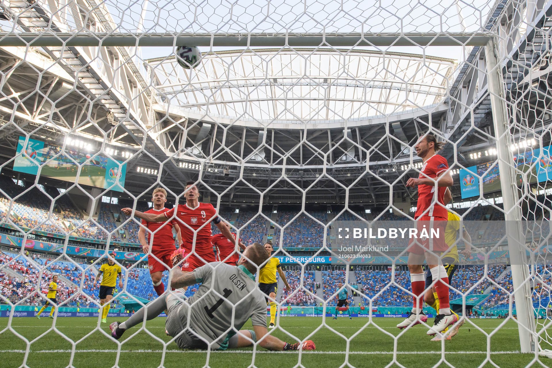 Robert Lewandowski of Poland with a header in the crossbar