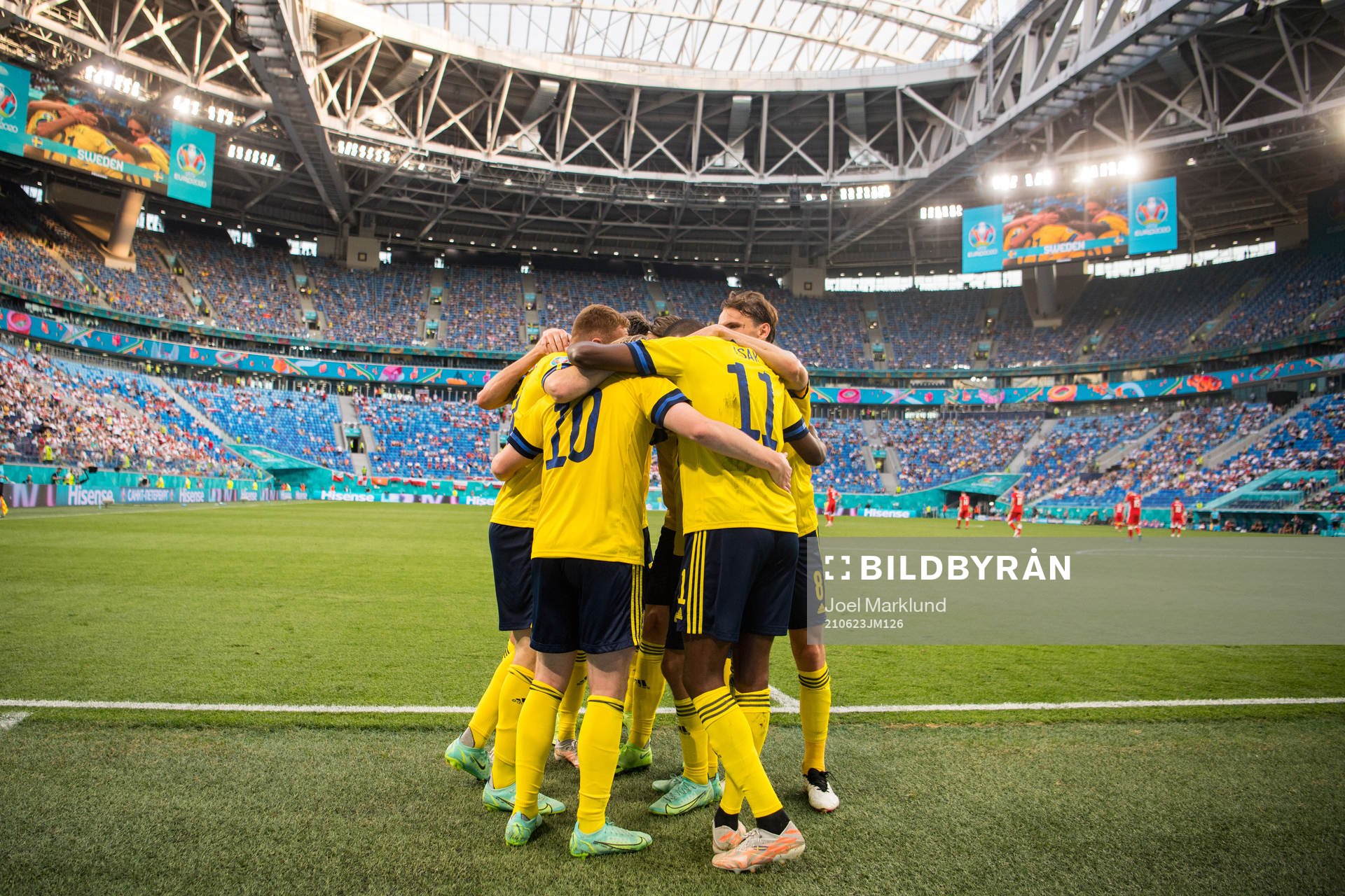 Players of Sweden celebrate after the 2-0 goal during the UEFA Euro 2020 Football Championship match between Sweden and Poland on June 23, 2021 in Saint Petersburg.