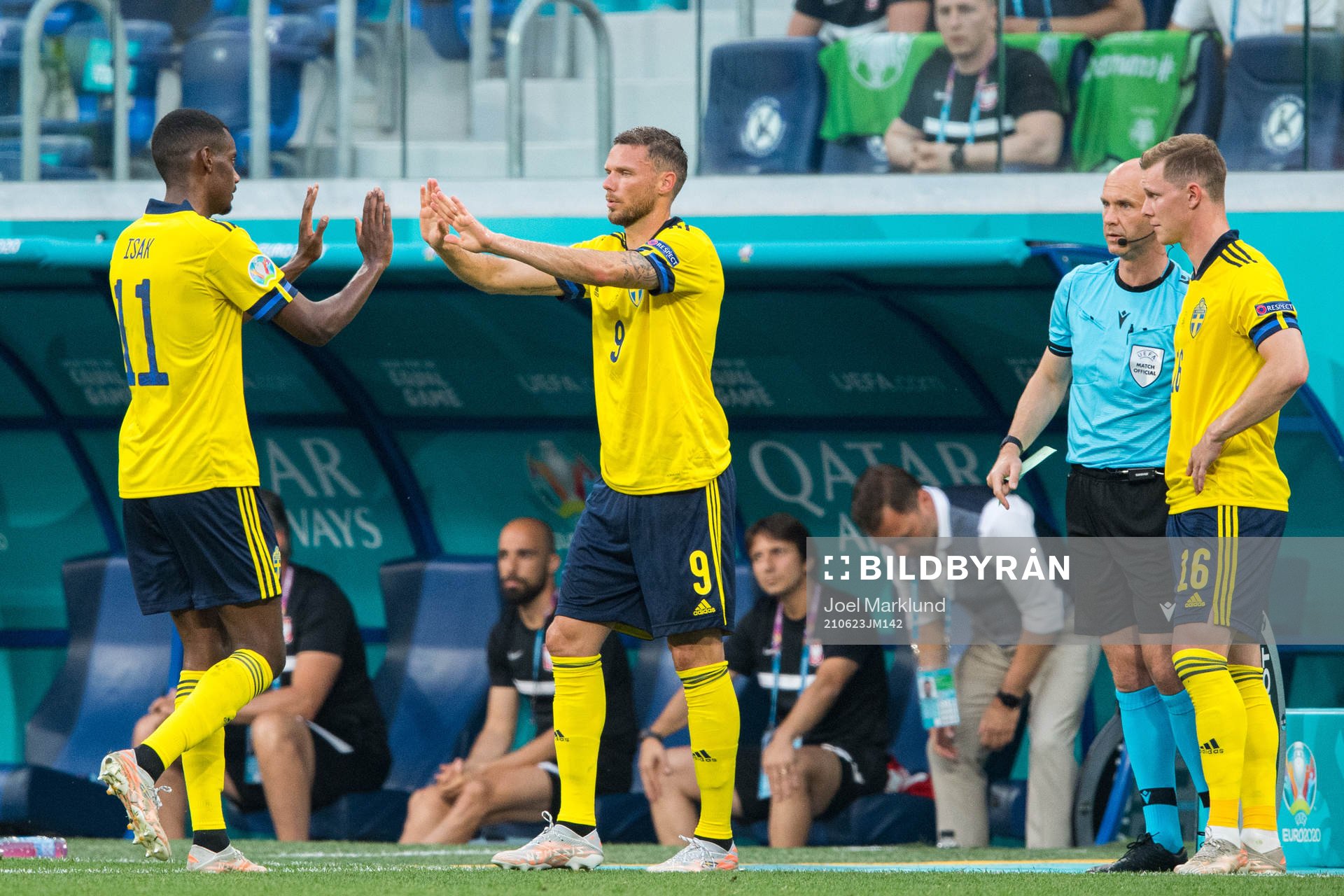 Marcus Berg change with Alexander Isak of Sweden
