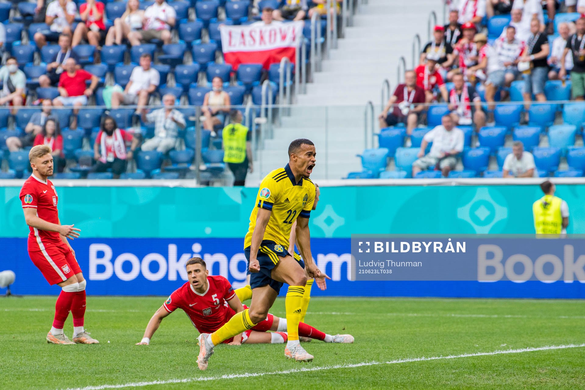 Robin Quaison of Sweden celebrates after the 1-0 goal by Emil Forsberg (not pictured) during the UEFA Euro 2020 Football Championship match between Sweden and Poland on June 23, 2021 in Saint Petersburg.