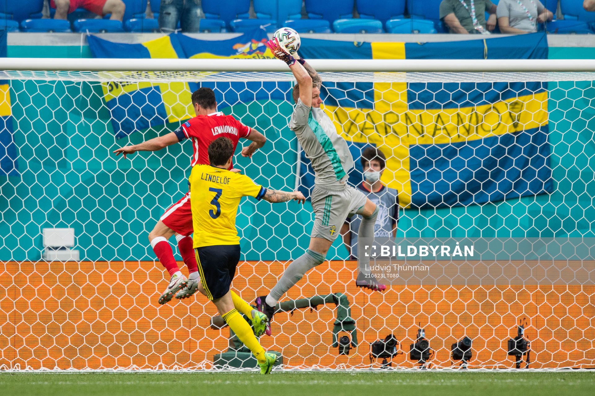 Goalkeeper Robin Olsen of Sweden saves against Robert
