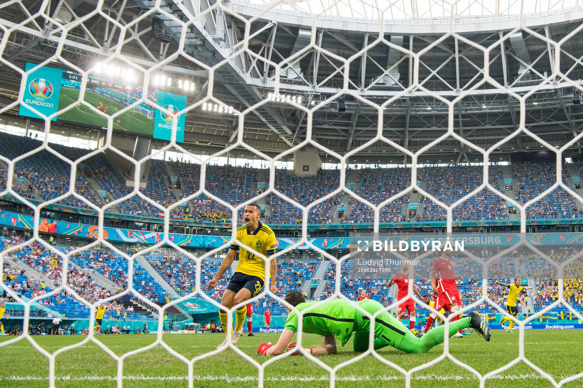 Robin Quaison of Sweden celebrates after the 1-0 goal by Emil Forsberg (not pictured) during the UEFA Euro 2020 Football Championship match between Sweden and Poland on June 23, 2021 in Saint Petersburg.