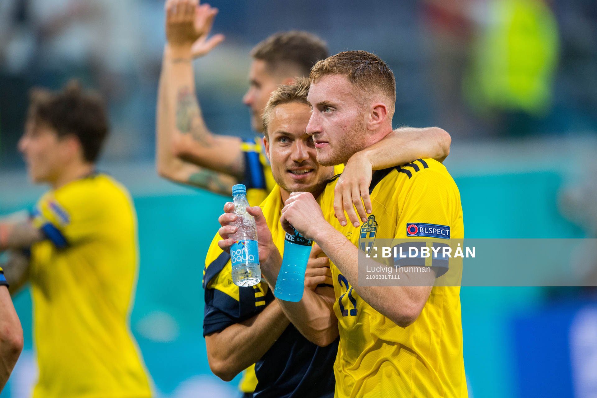 Pierre Bengtsson and Dejan Kulusevski of Sweden celebrate