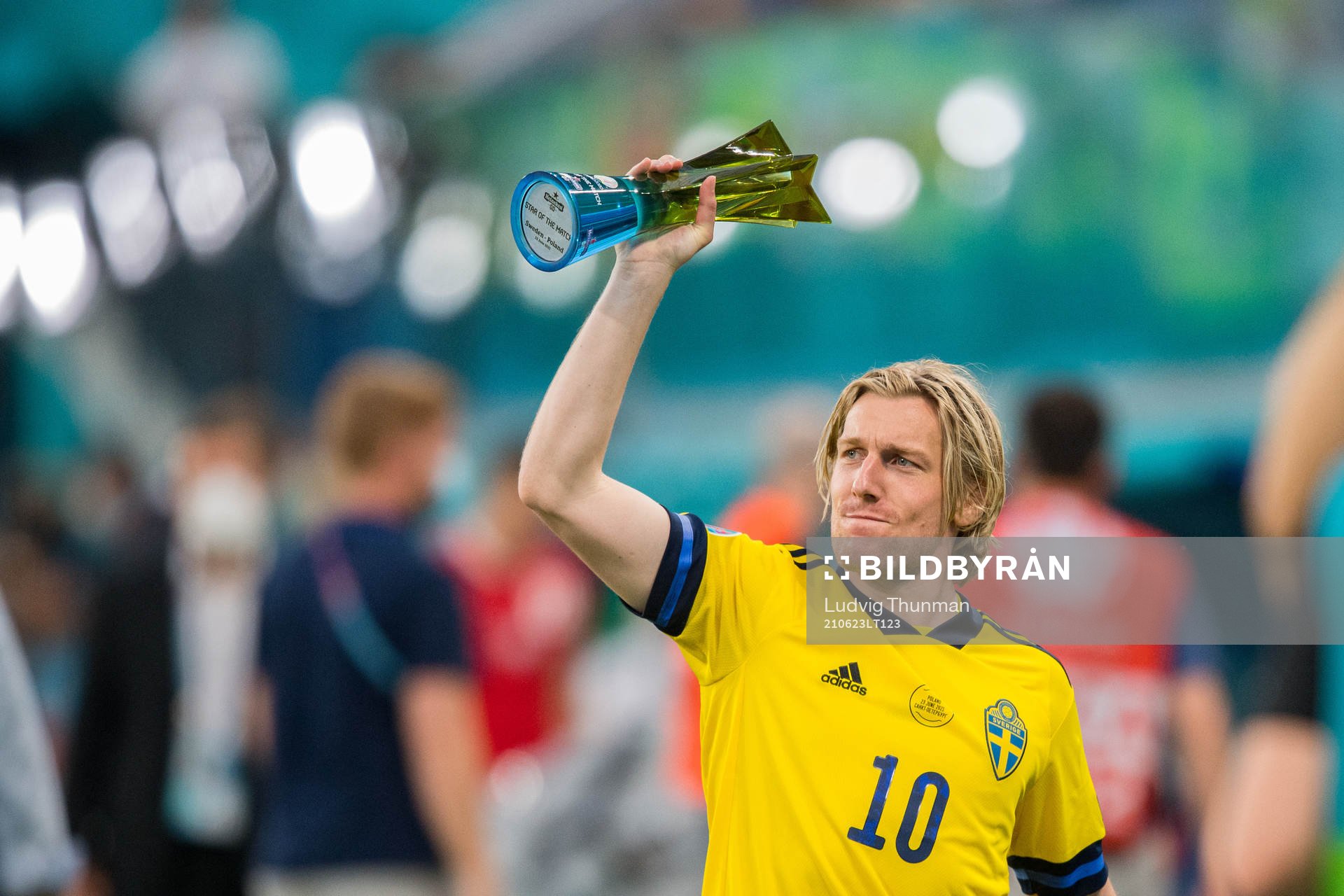 Emil Forsberg of Sweden with the trophy for player of the